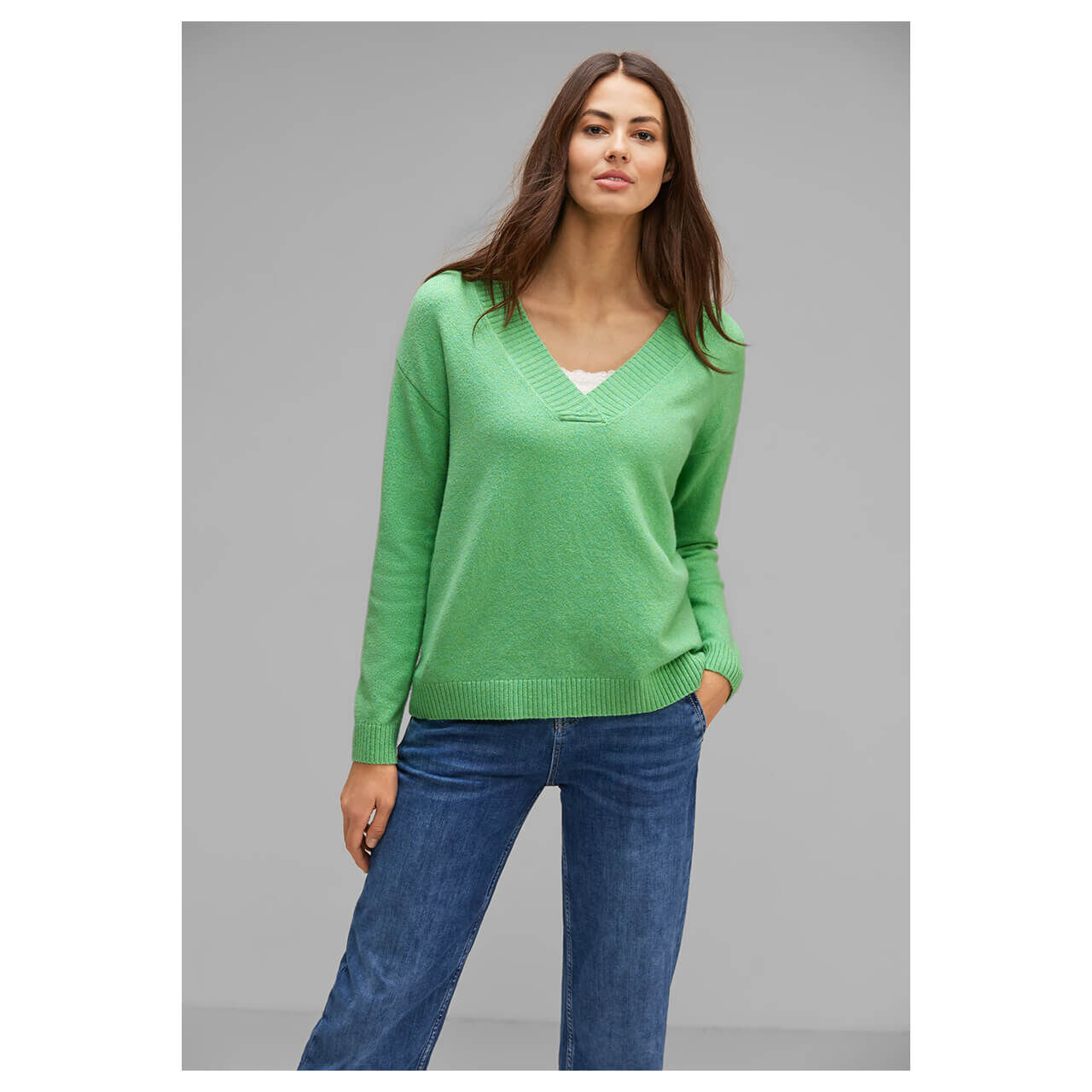 Street One Damen Pullover V-neck Sweater light green melange
