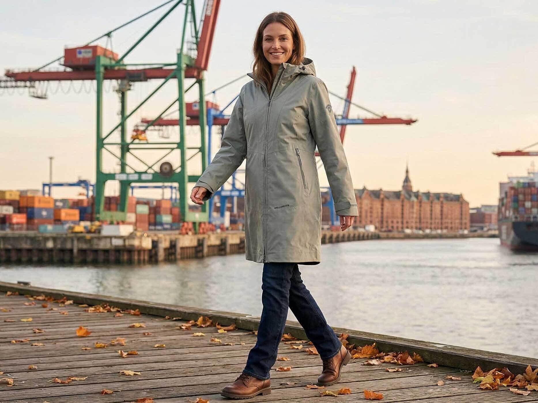 Frau tr&auml;gt eine rosmaringr&uuml;ne Wellensteyn Metropolis Damen &Uuml;bergangsjacke vor einer Hafenkulisse