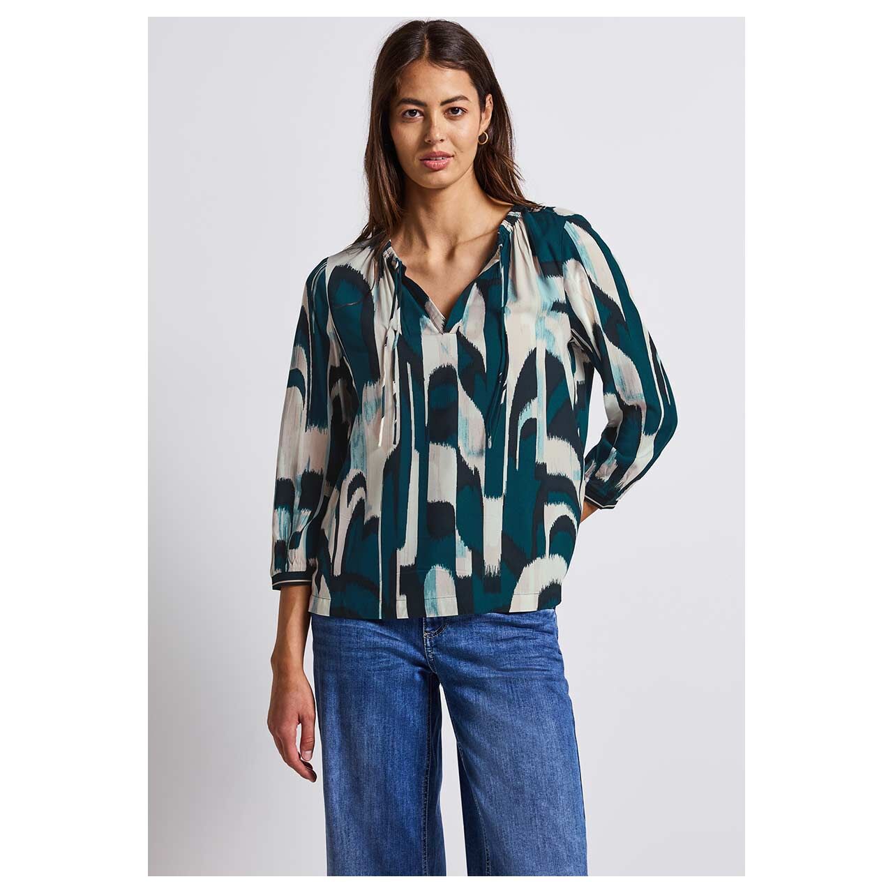 Damen 3/4 Arm Bluse Tunic with Tape von Street One in Petrol mit Print, Vorderansicht