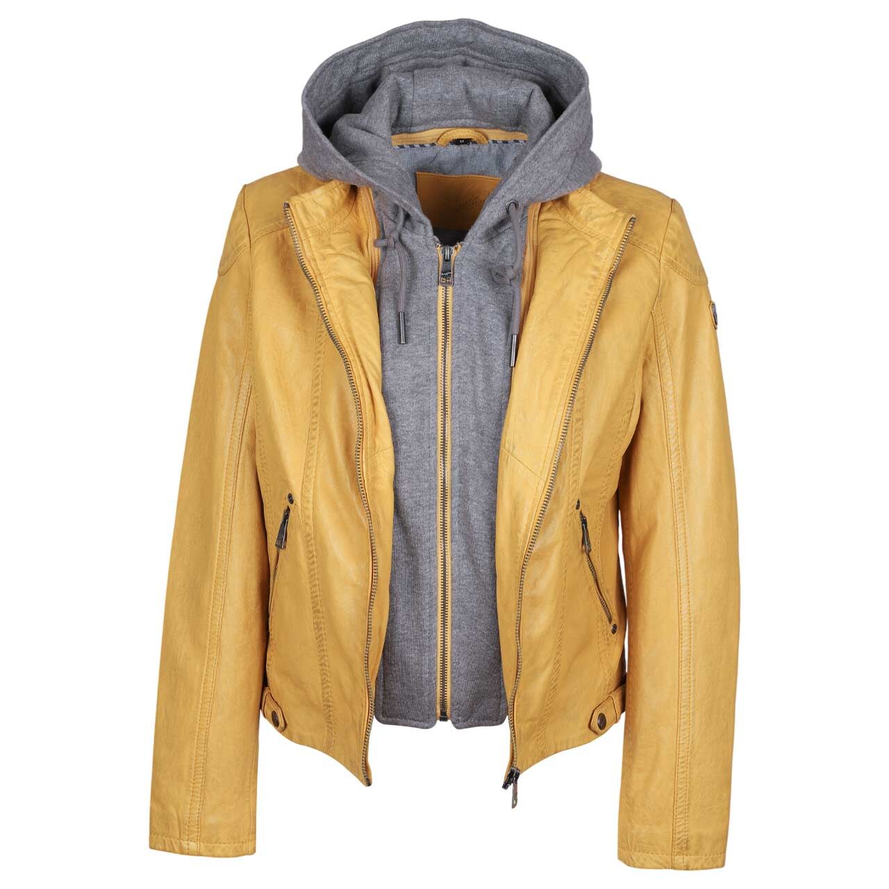 Damen Lederjacke Ammy von Mauritius in Gelb, Vorderansicht geöffnet