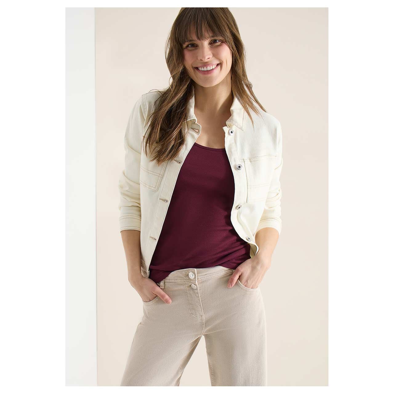 Damen Top Linda von Cecil in Lila, detaillierte Vorderansicht am Model