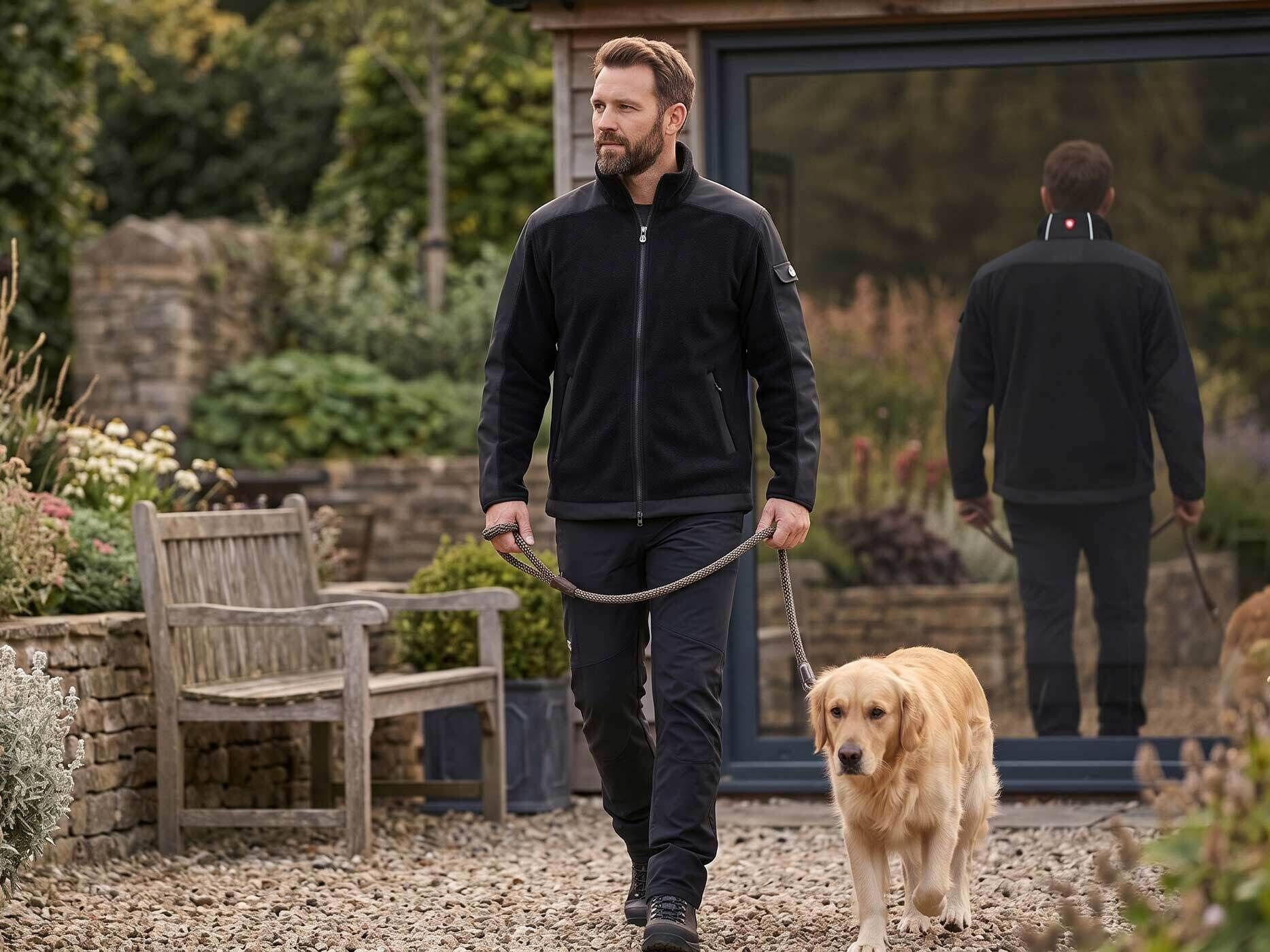 Ein Mann mit kurzen braunen Haaren tr&auml;gt eine schwarze Jacke mit schwarzer Hose. Neben ihm l&auml;uft ein Hund an einer Leine.