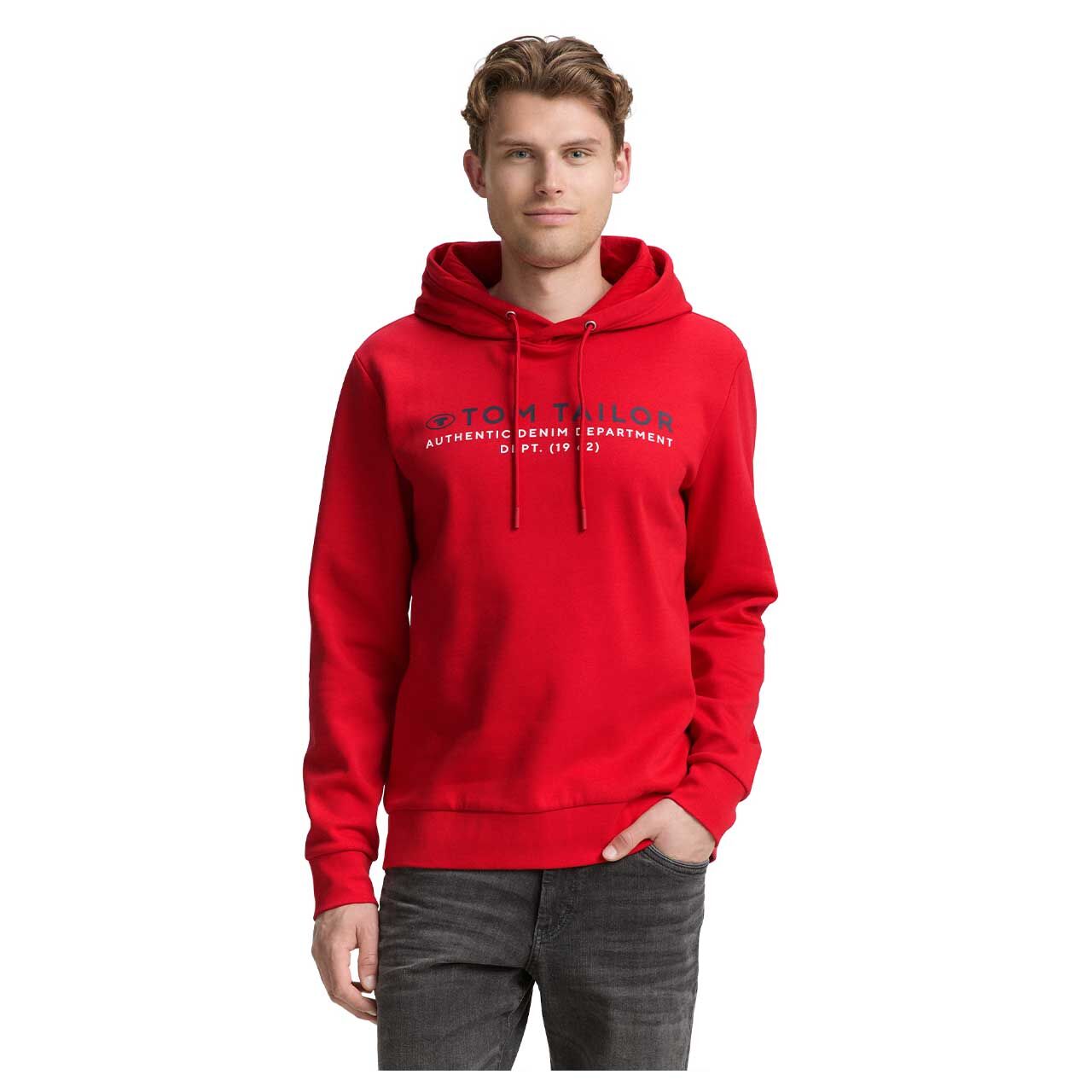 Herren Hoodie Sweatshirt von Tom Tailor in Rot mit Print, Vorderansicht am Model
