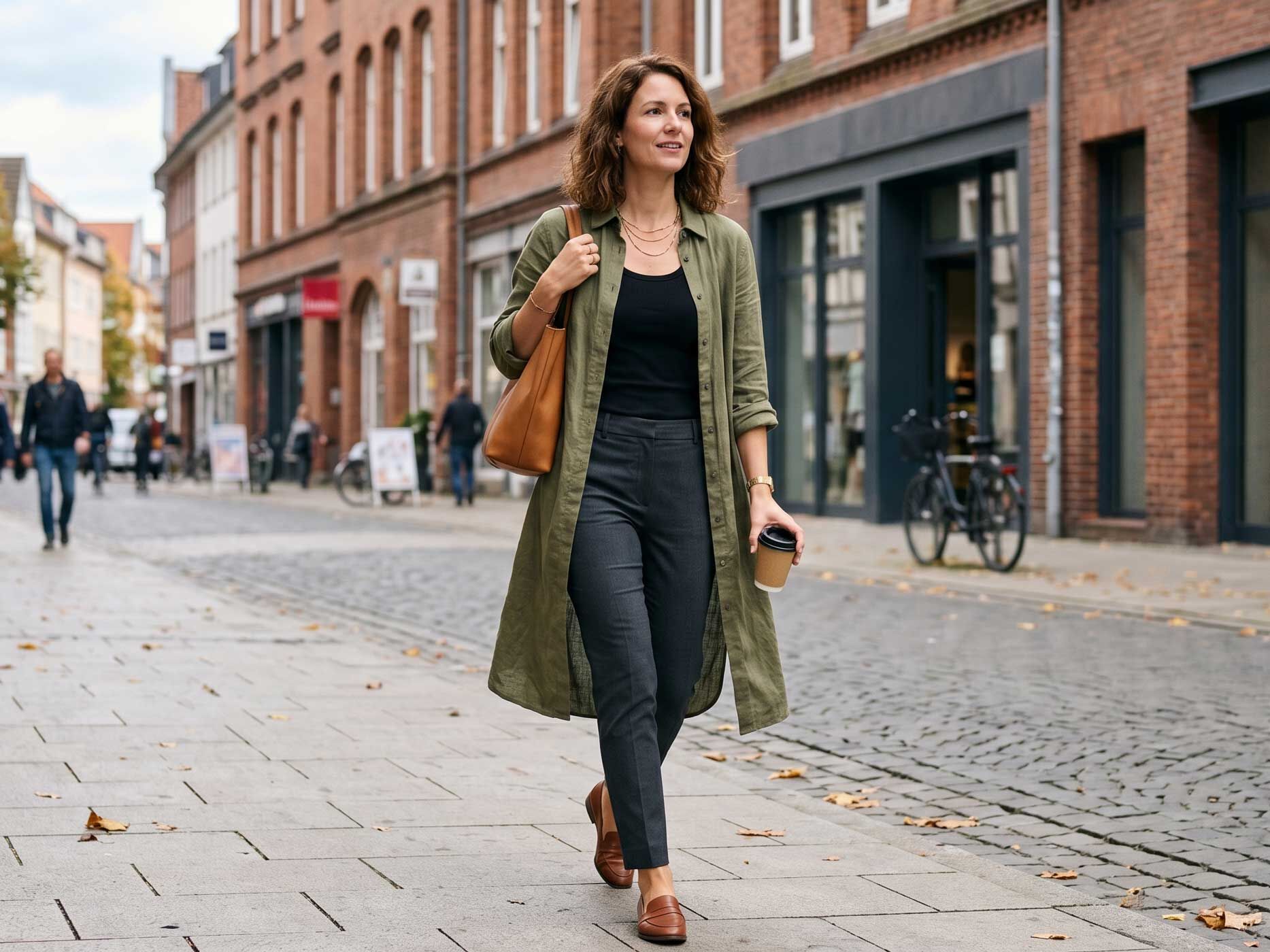 Eine Frau trägt eine offene Longbluse über einem dunklen Oberteil und einer schmal geschnittenen Stoffhose in der Innenstadt.