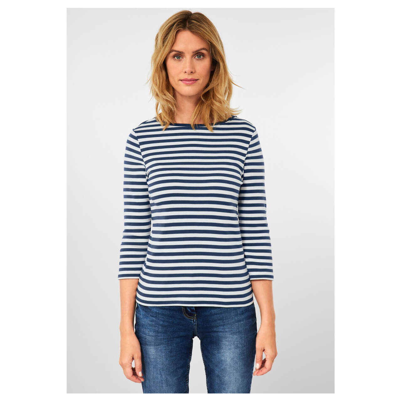 Cecil Basic Boatneck 3/4 Arm Shirt mid blue stripes Cecil Basic Boatneck 3/4 Arm Shirt mid blue stripes