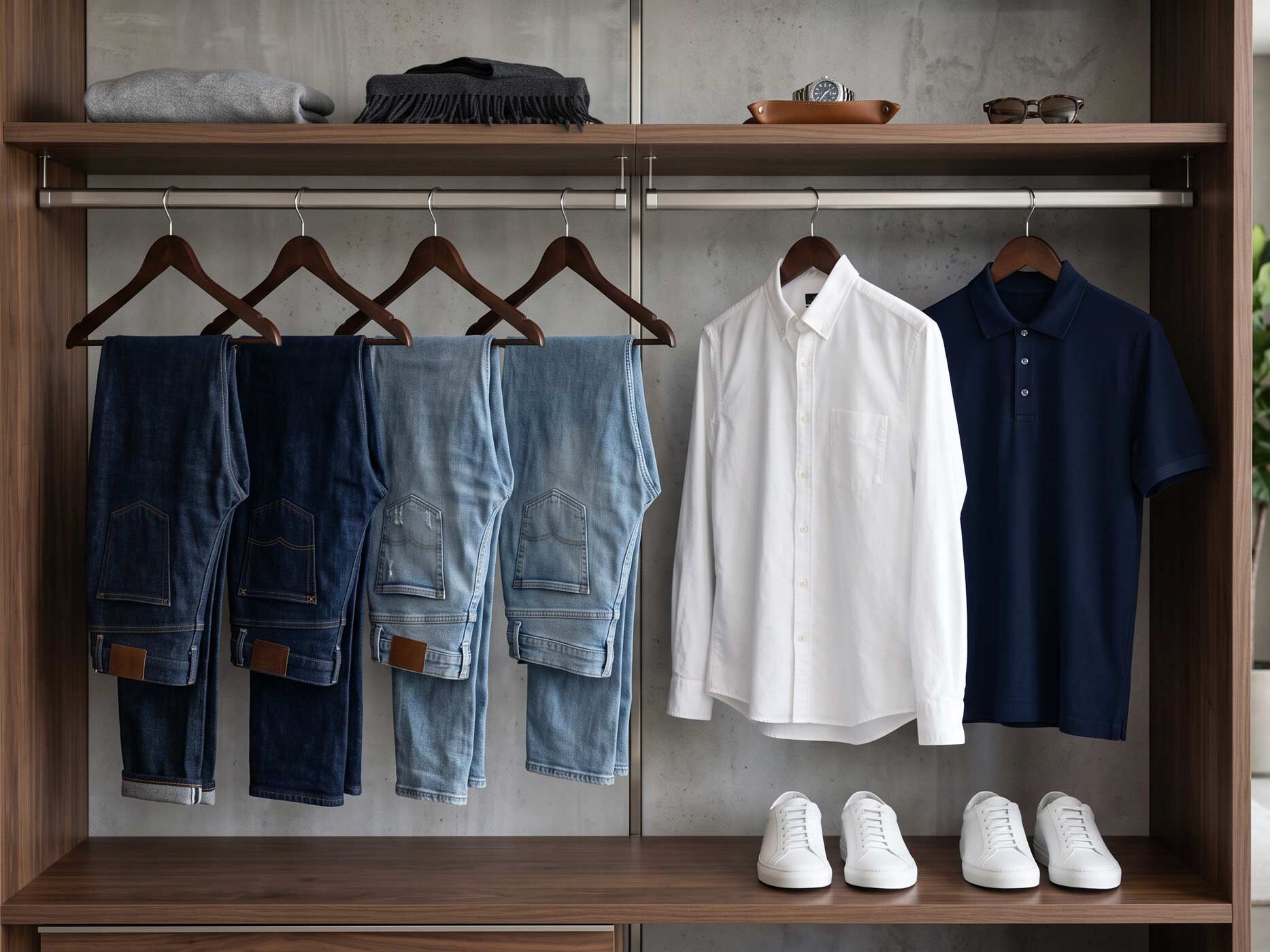 Mehrere Jeans sowie ein Hemd und ein Poloshirt h&auml;ngen ordentlich in einem Kleiderschrank und zeigen eine &uuml;bersichtliche Auswahl an Kleidung f&uuml;r den Alltag.