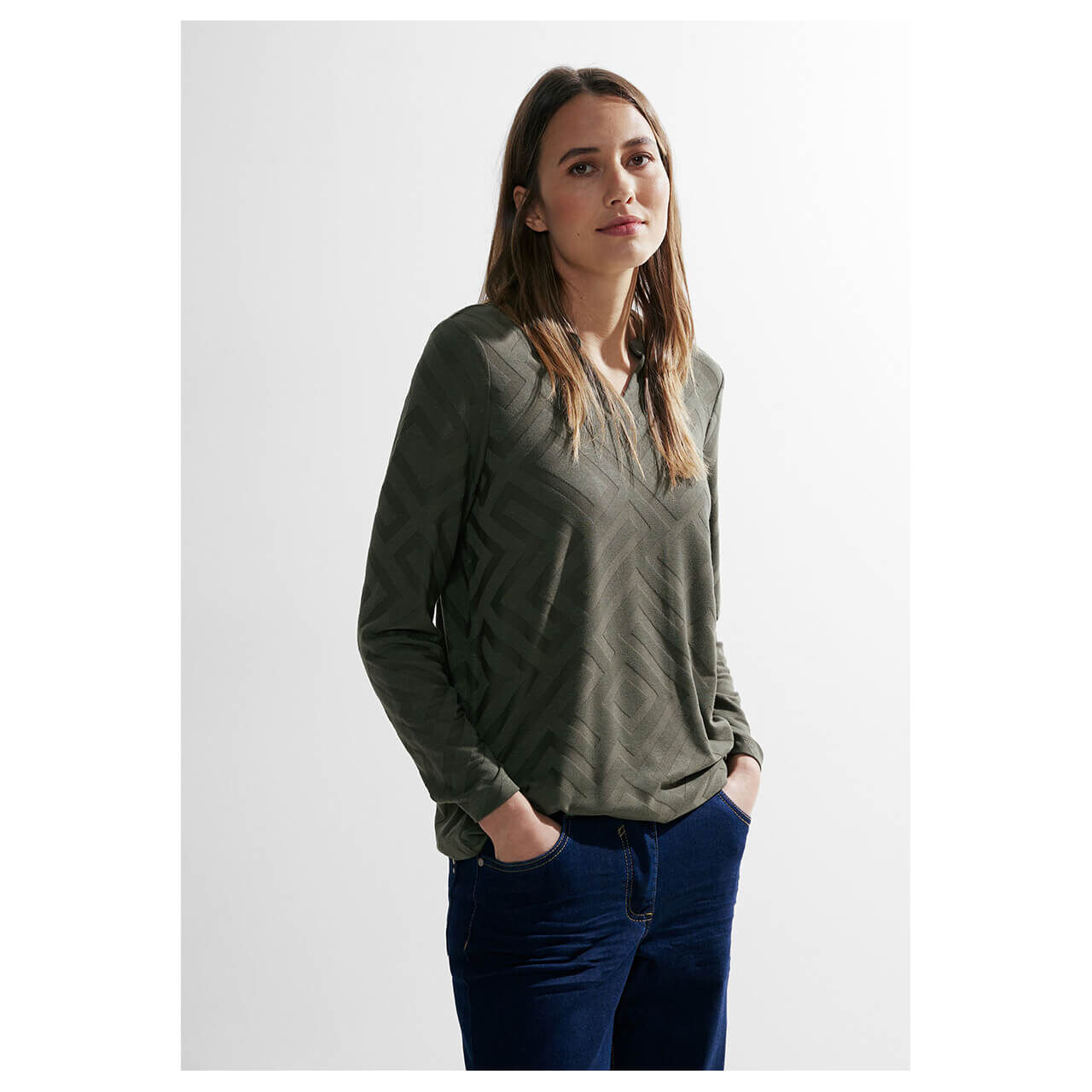 Cecil Damen Langarm Shirt Solid Jacquard Tunic dynamic khaki