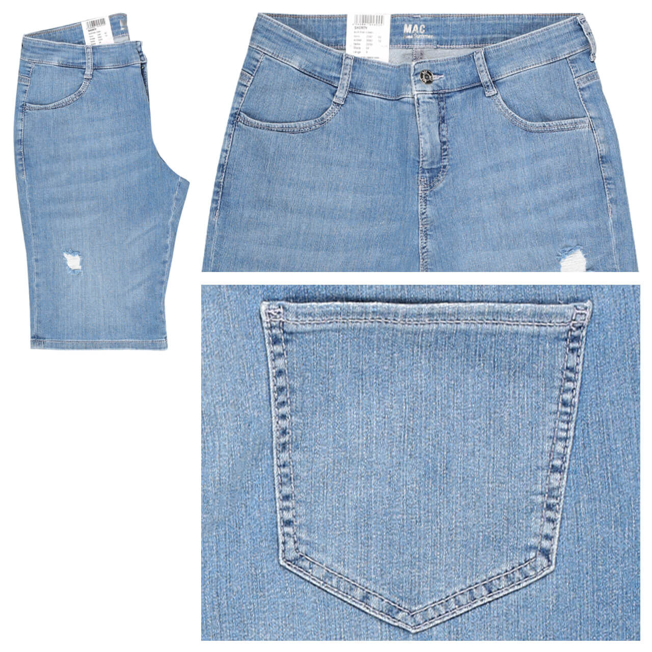 MAC Jeans Shorty für Damen in Hellblau angewaschen mit Destroyed-Effekten, FarbNr.: D209