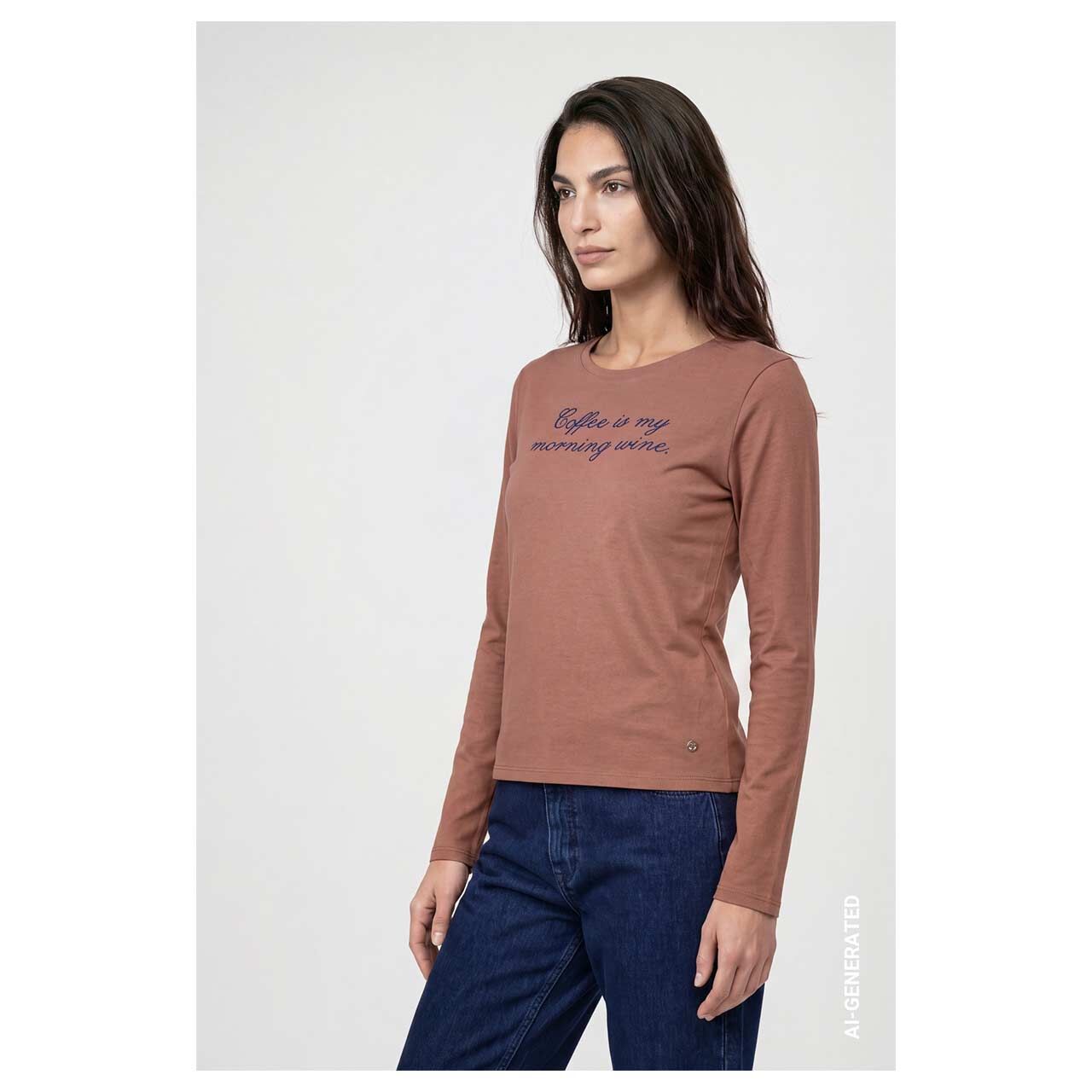Damen Langarm Shirt von Monari in Braun mit Print, Seitansicht am Model