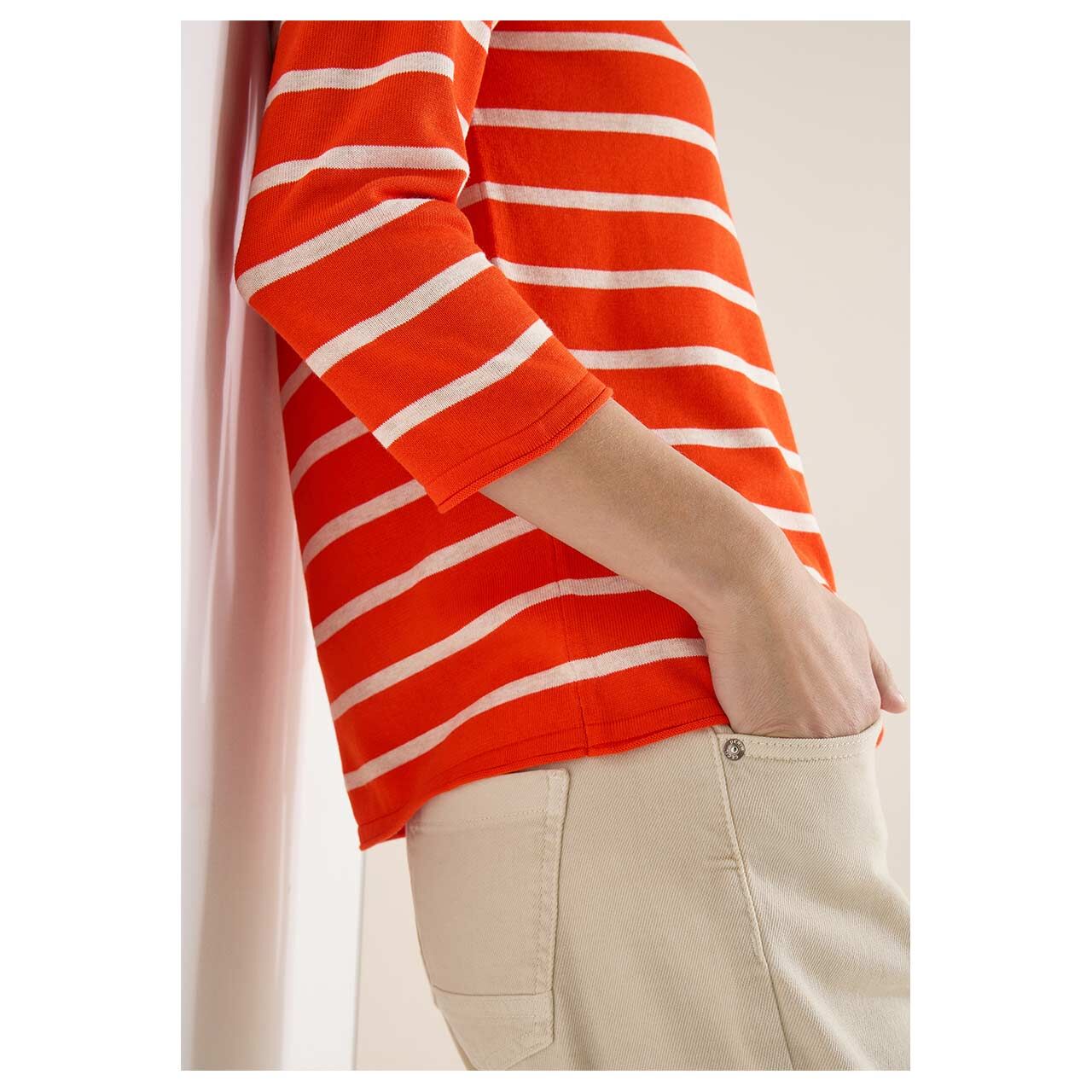 Damen 3/4 Arm Pullover Striped Roundneck Sweater von Cecil in Orange-Rot gestreift, Detailansicht Ärmel