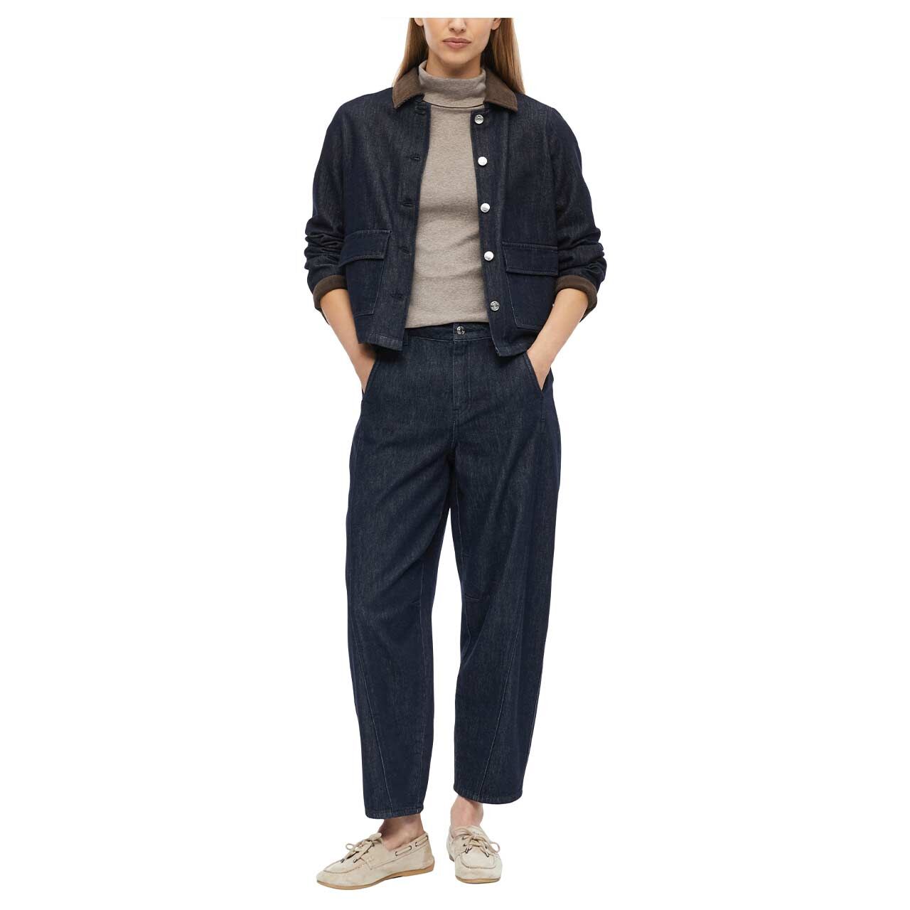 s.Oliver Damen Rollkragen Langarm Shirt in Beigebraun meliert, Ganzkörperansicht-Vorderansicht am Model