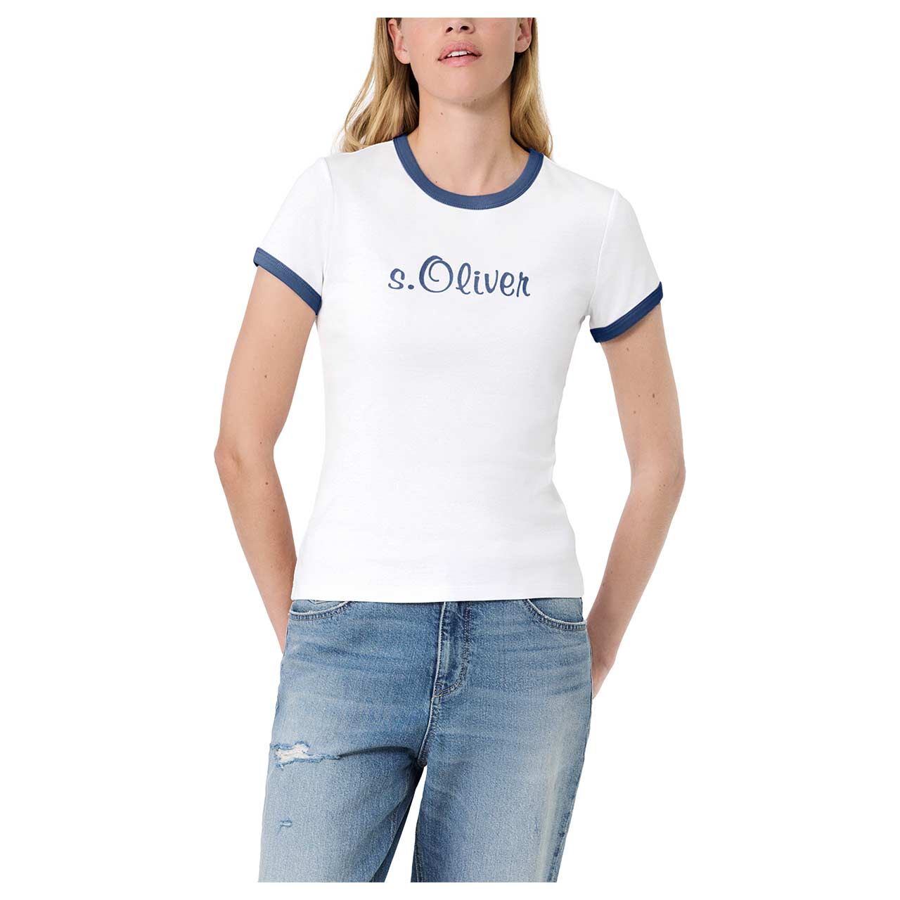 s.Oliver Damen T-Shirt in Weiß mit Print, Vorderansicht am Model