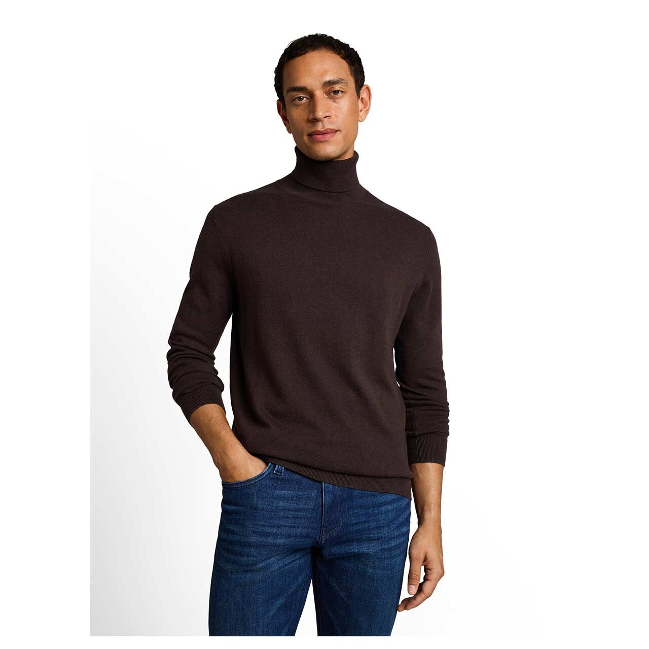Herren Rollkragen Pullover Cashmere Turtleneck Knit von Tom Tailor in Dunkelbraun meliert, Vorderansicht am Model