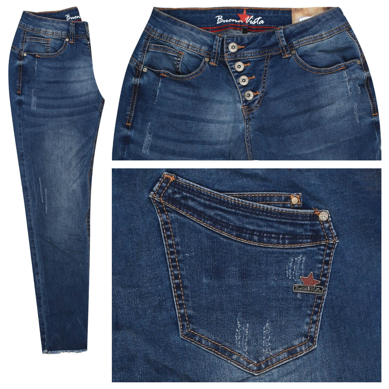 Buena Vista Jeans Malibu 7/8 Stretch Denim für Damen in Blau mit Destroyed-Effekten, FarbNr.: 5923