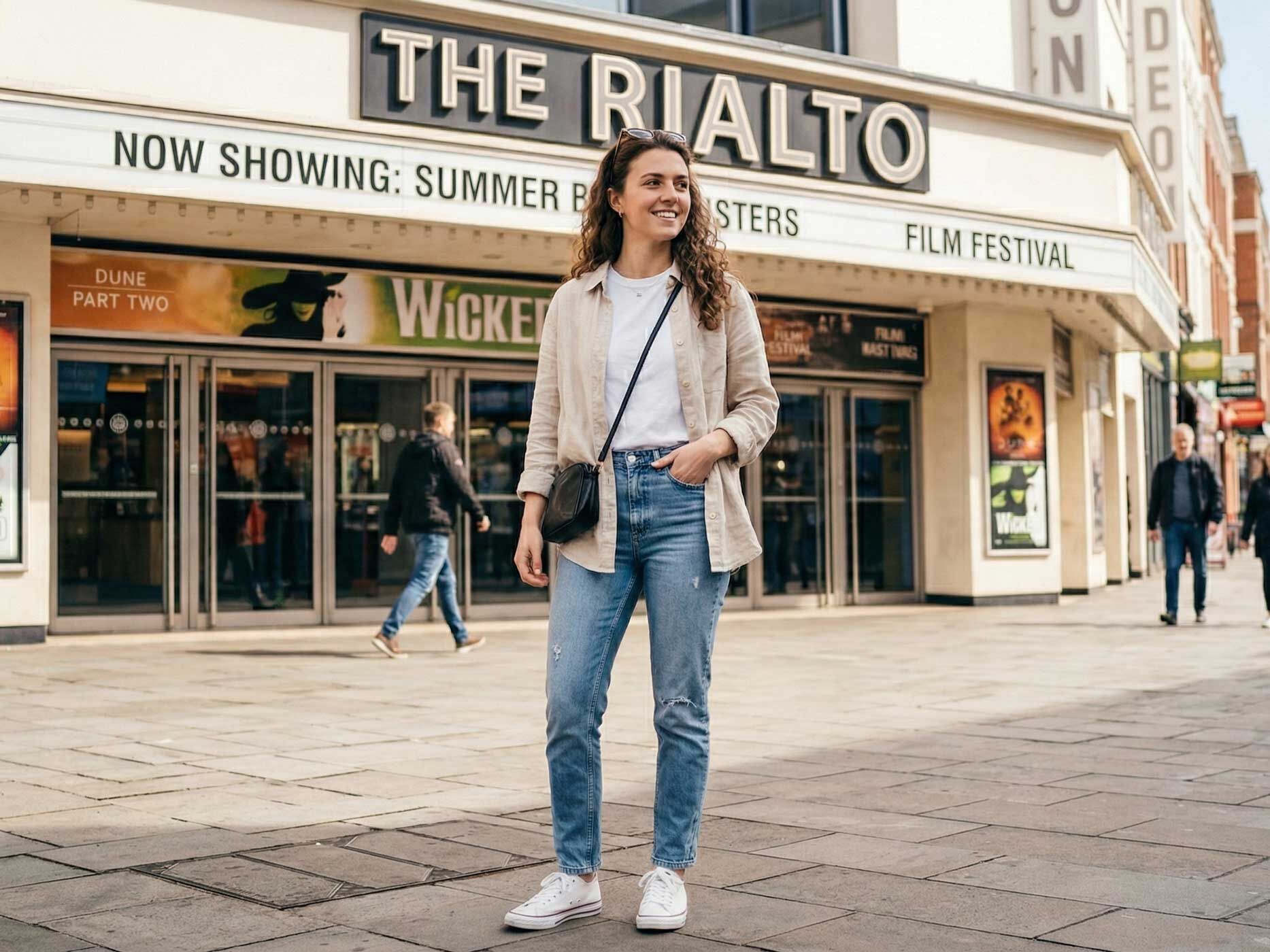 Eine Frau tr&auml;gt eine lockere blaue Jeans, dazu eein wei&szlig;es T-Shirt mit einem offenen wei&szlig;en Hemd dar&uuml;ber, einer Sonnenbrille, einer Umh&auml;ngetasche und wei&szlig;en Sneakern.