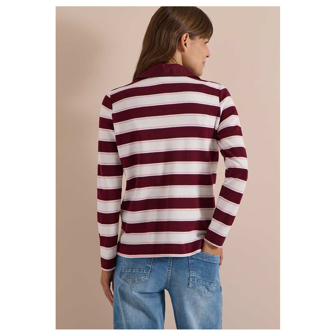 Damen Langarm Poloshirt Striped von Cecil in Weinrot gestreift, Rückansicht am Model