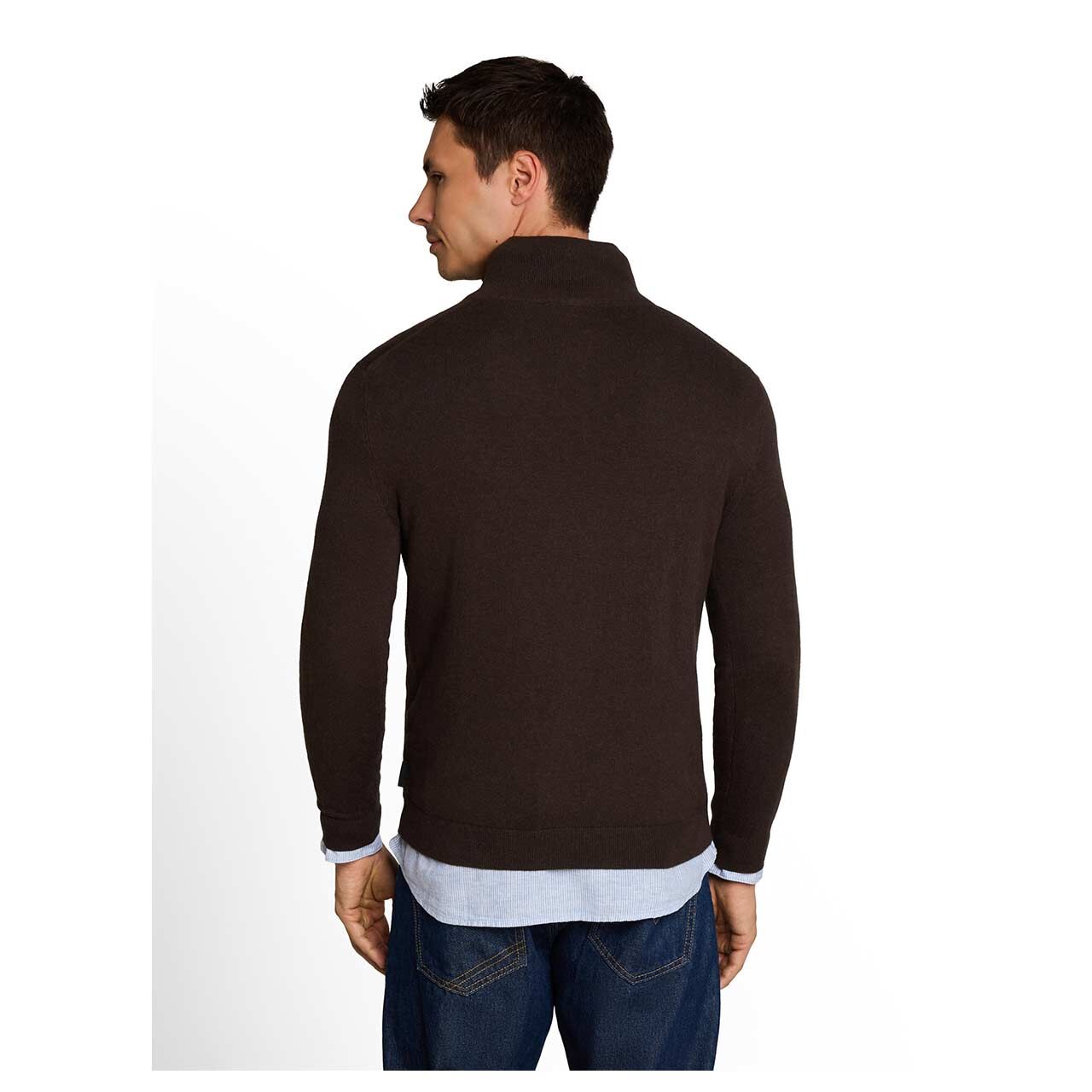 Herren Pullover Troyer Cashmere Knitted von Tom Tailor in Dunkelbraun meliert, Rückansicht am Model