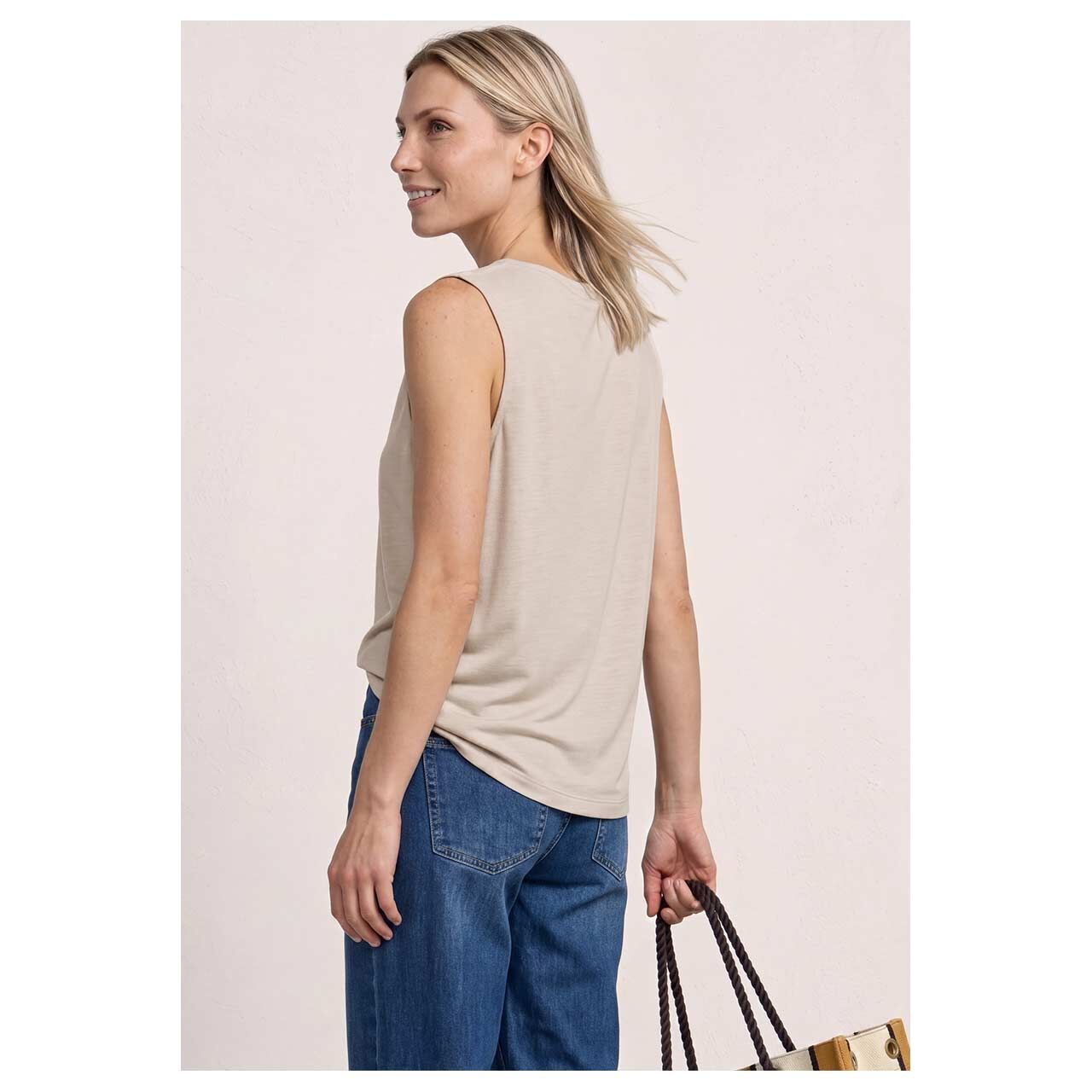 Damen Top Silk Look Waterfall von Street One in Beige meliert, Rückansicht am Model
