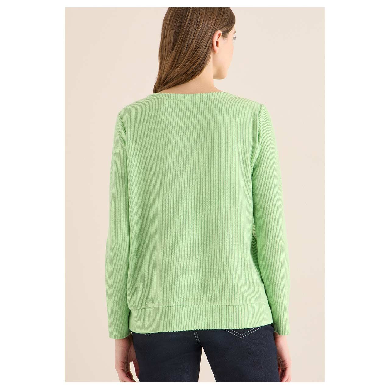 Damen Langarm Shirt Vertical Structure Boatneck von Cecil in Hellgrün gestreift, Rückansicht am Model