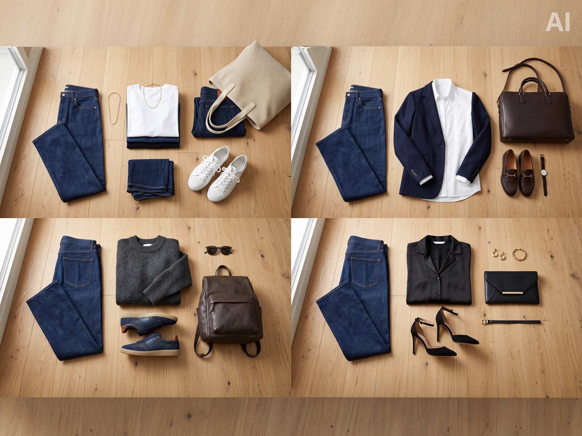 Zu sehen sind vier Outfitideen mit dunkelblauen Straight Leg Jeans, die mit T-Shirt und Sneakern, Bluse und Blazer, Strickpullover oder eleganter Bluse und Pumps kombiniert werden.