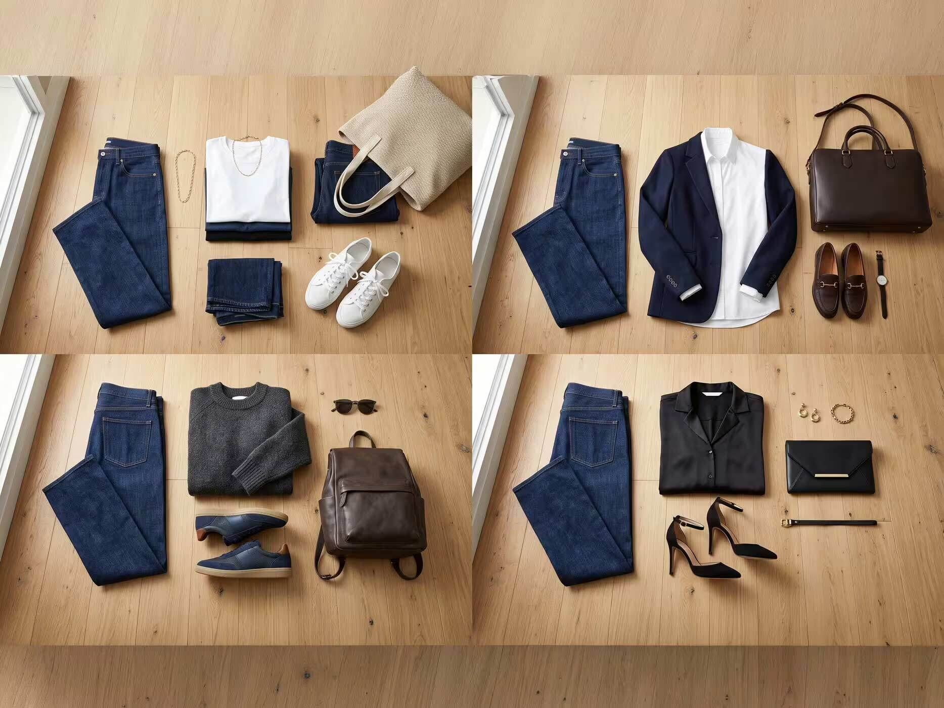 Zu sehen sind vier Outfitideen mit dunkelblauen Straight Leg Jeans, die mit T-Shirt und Sneakern, Bluse und Blazer, Strickpullover oder eleganter Bluse und Pumps kombiniert werden.