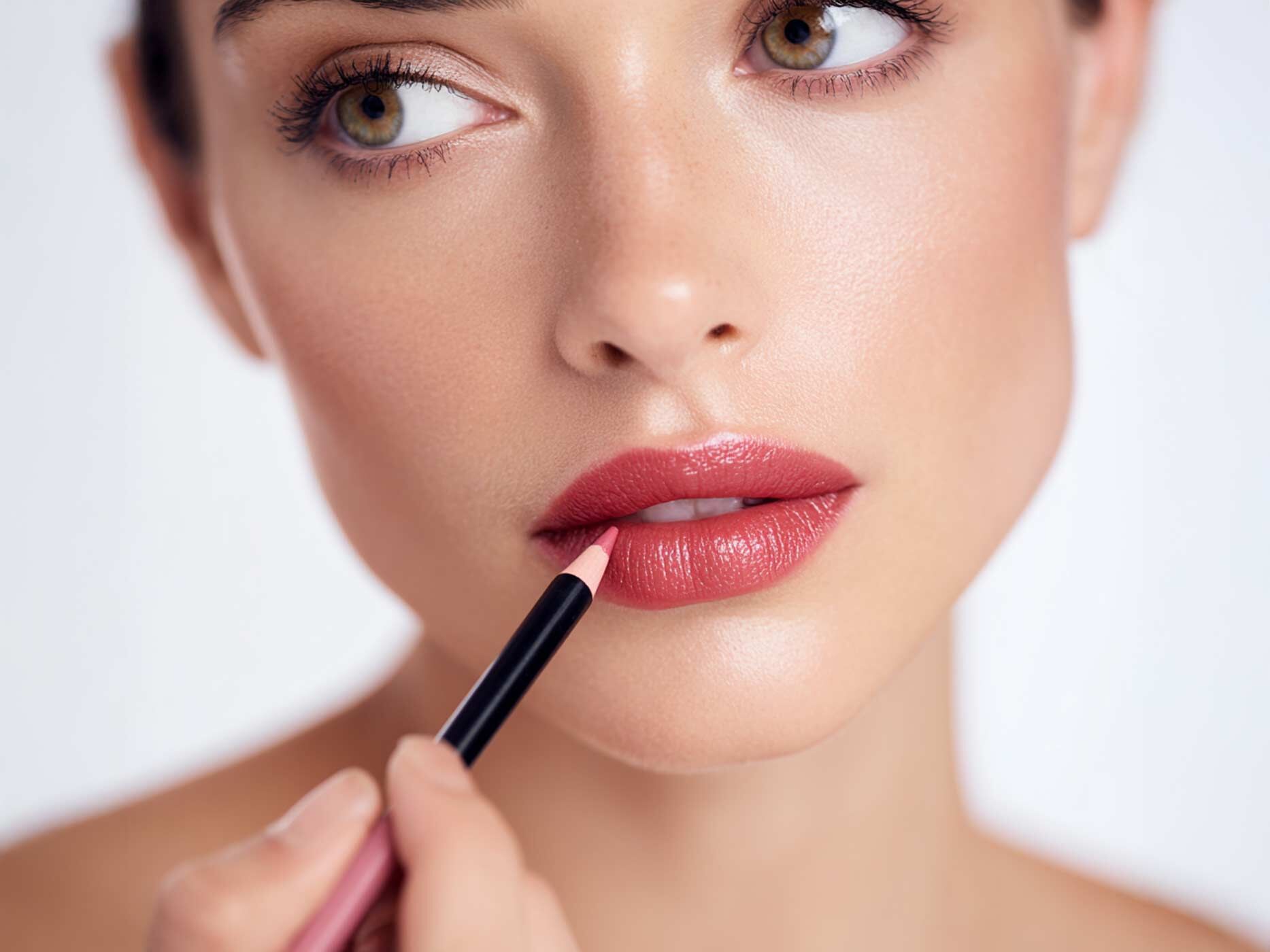 Nahaufnahme von einer Frau, die sich mit einem pinken Lipliner die Lippen bemalt.