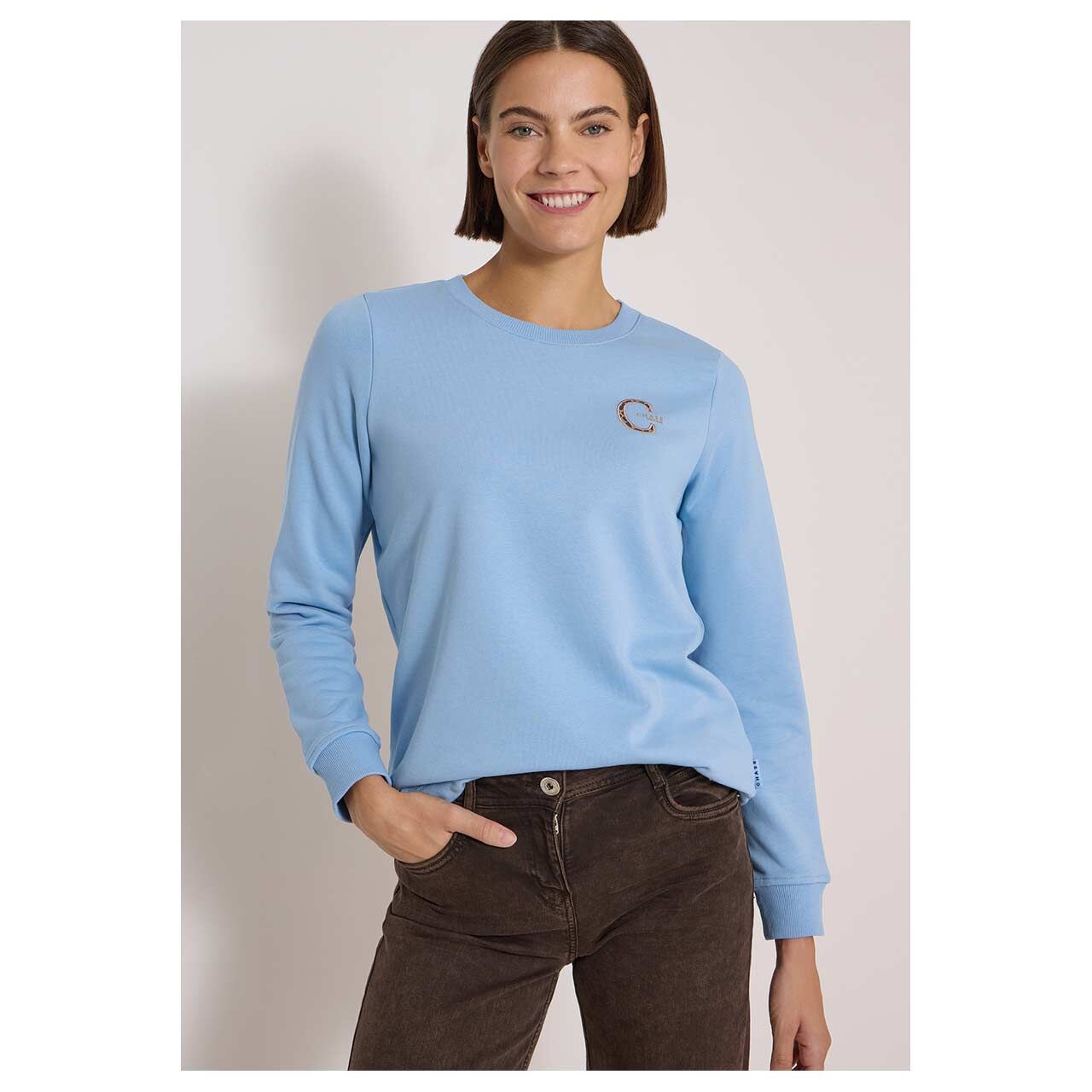 Damen Sweatshirt Solid Embroidery von Cecil in Hellblau mit Print, Vorderansicht am Model