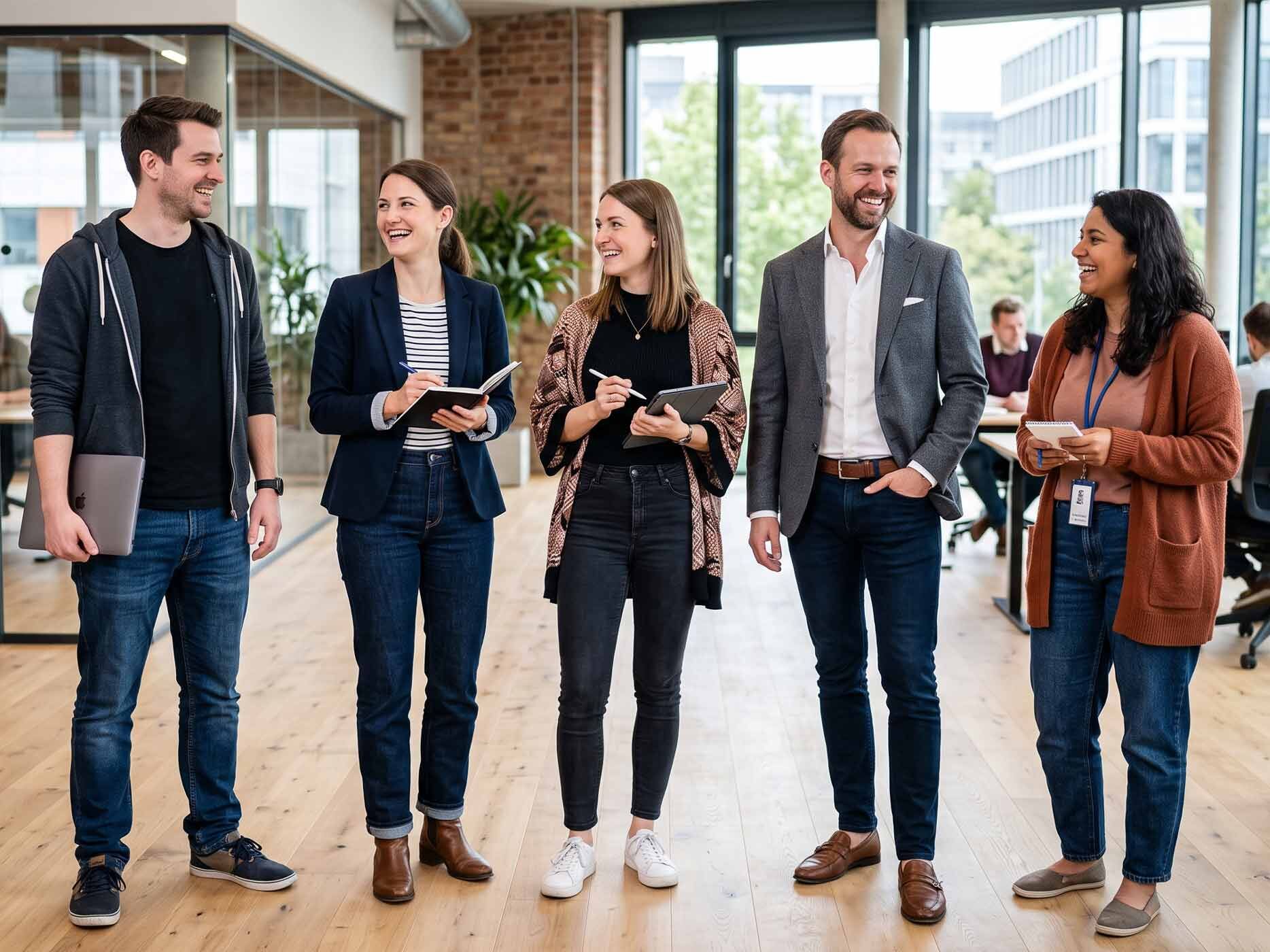 Die Personen tragen unterschiedliche Business-Casual-Outfits mit dunklen Jeans, Blazern, Cardigans, Shirts und gepflegten Schuhen.