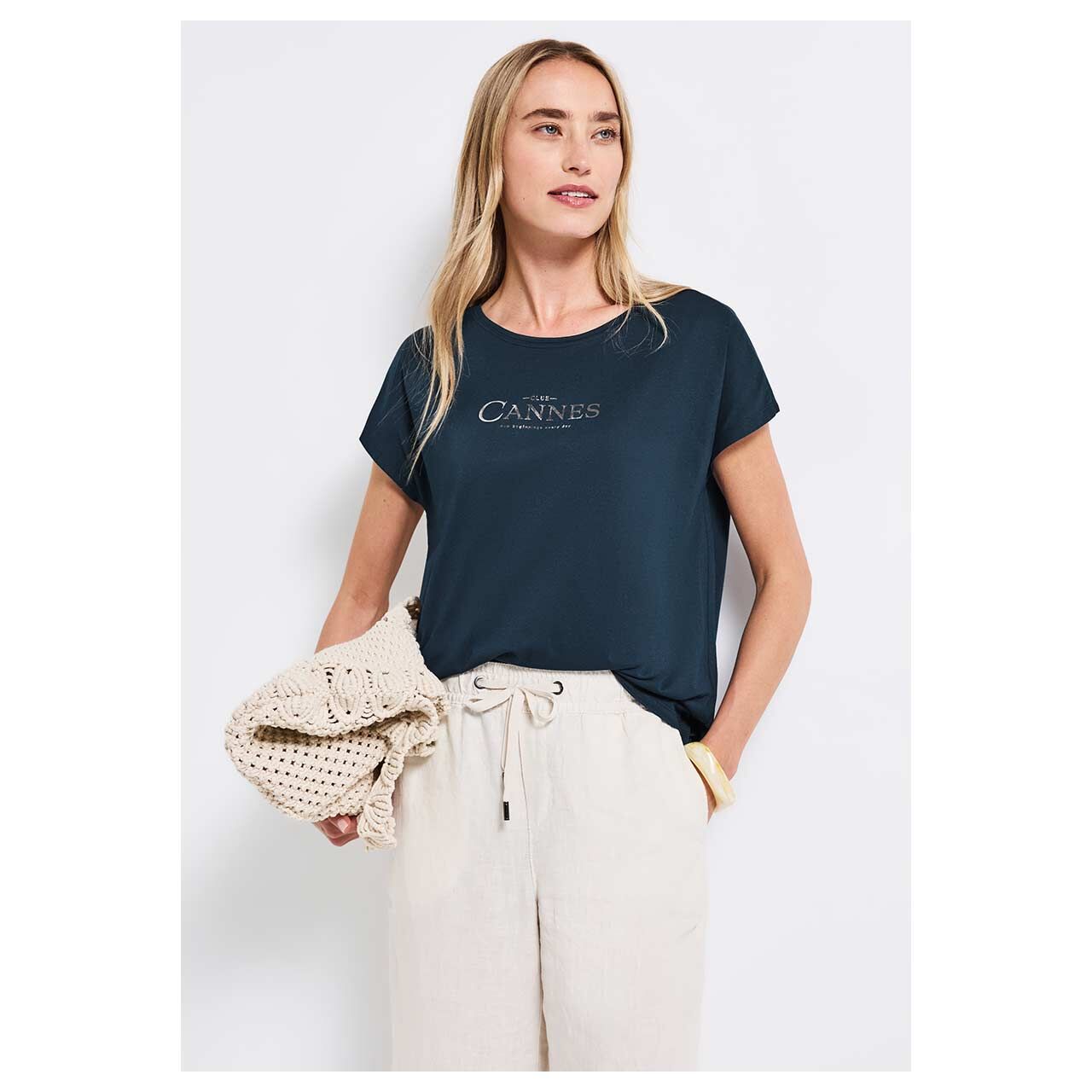 Damen T-Shirt Basic Foil Print von Street One in Petrol, Vorderansicht am Modell