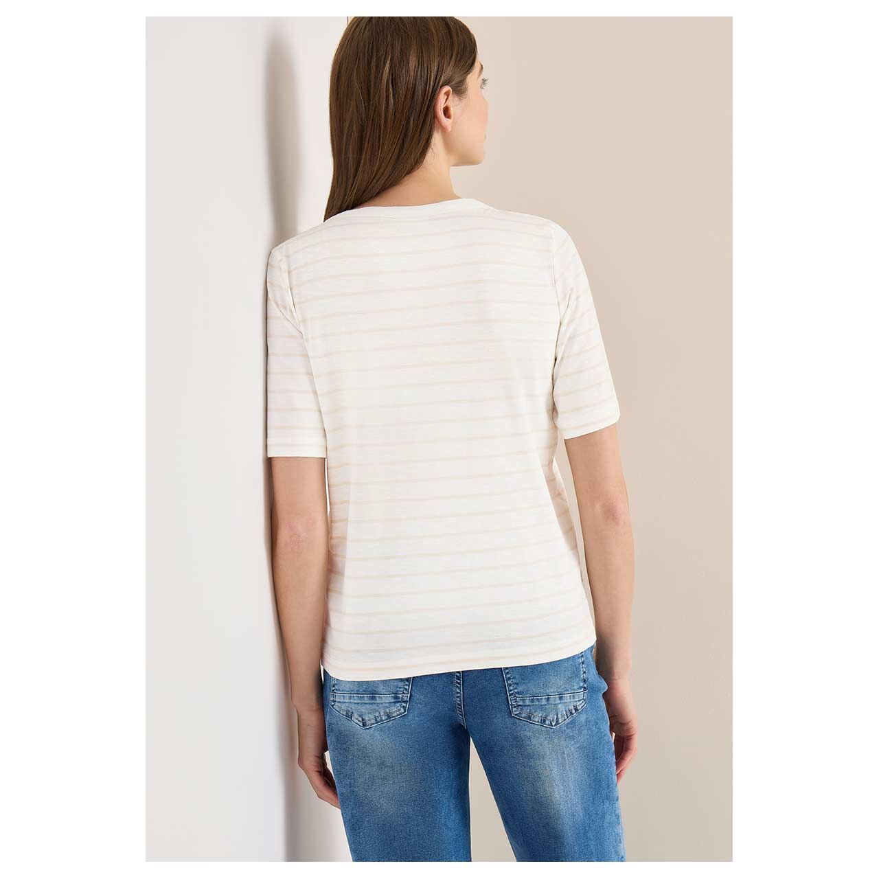 Damen T-Shirt Striped Slubyarn von Cecil in Cremeweiß gestreift, Rückansicht am Model