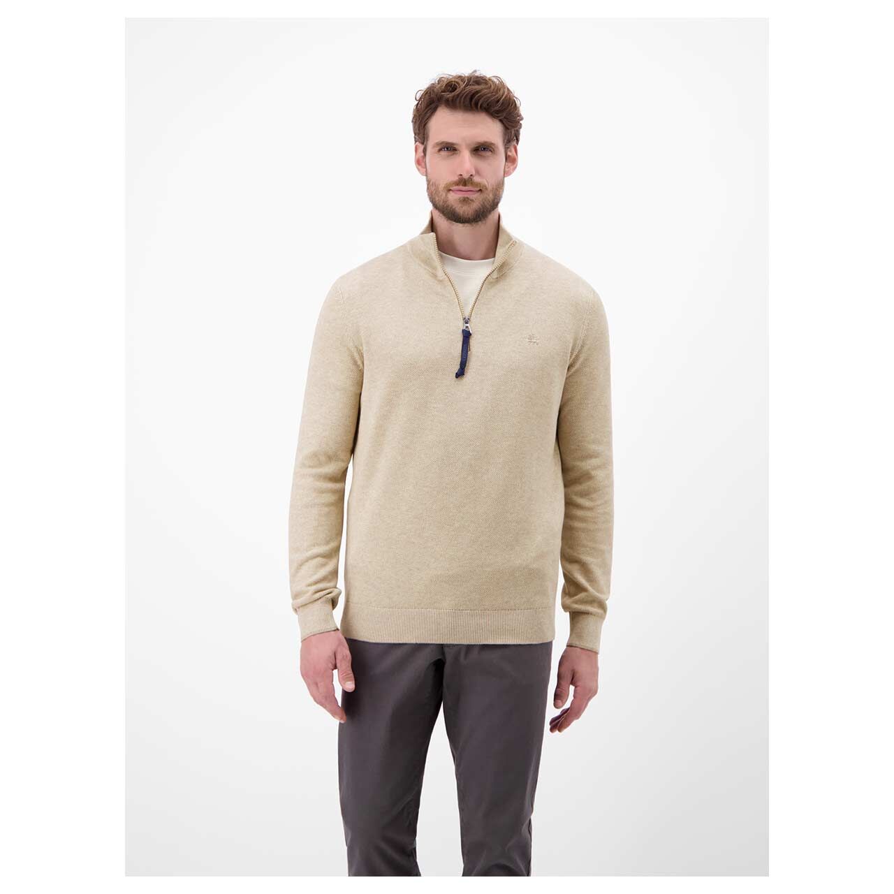 Herren Pullover Troyer von Lerros in Beige meliert, Vorderansicht am Model