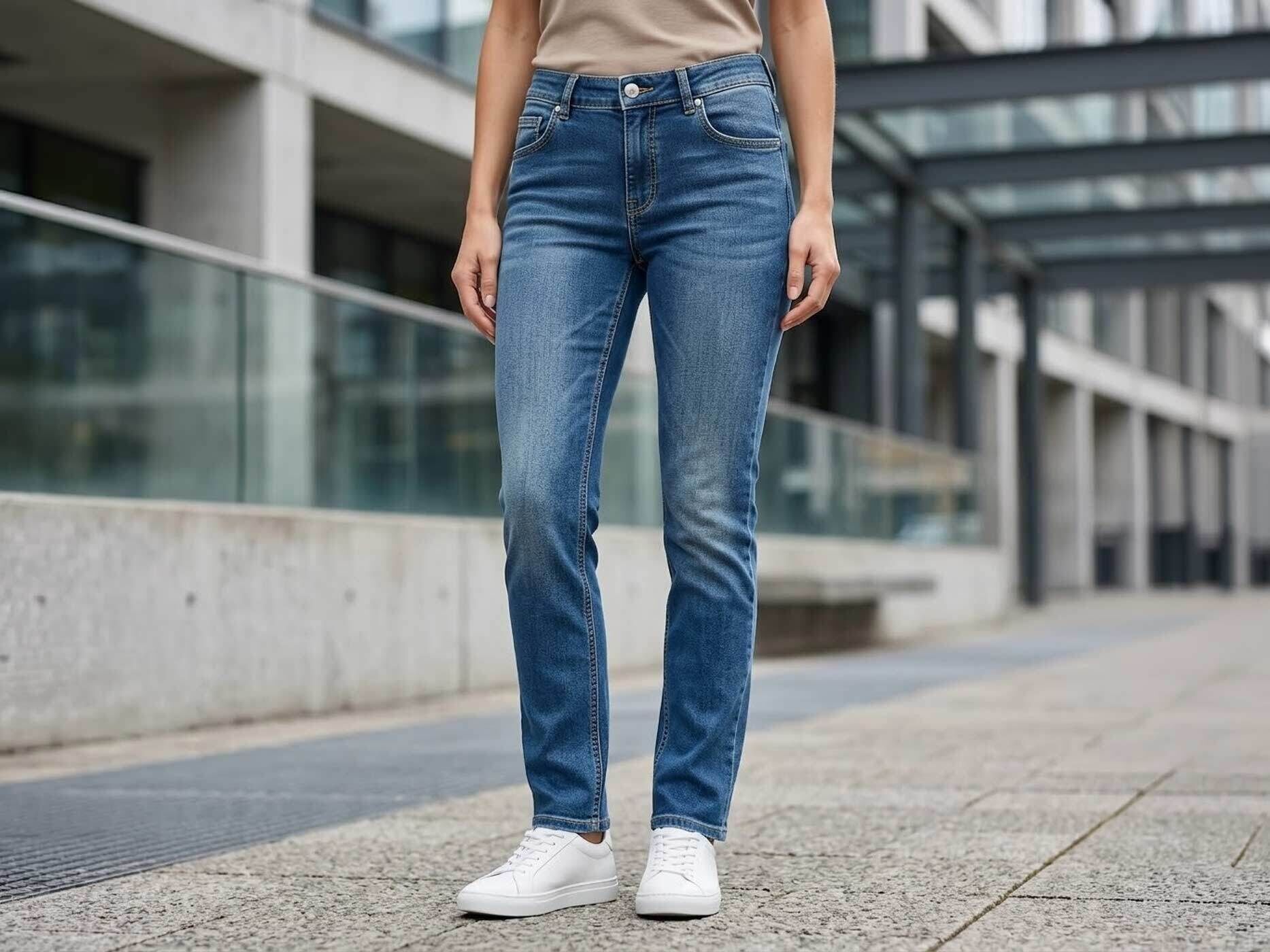 Unterk&ouml;rper einer Frau. Sie tr&auml;gt eine blaue Jeans und ein beiges T-Shirt.
