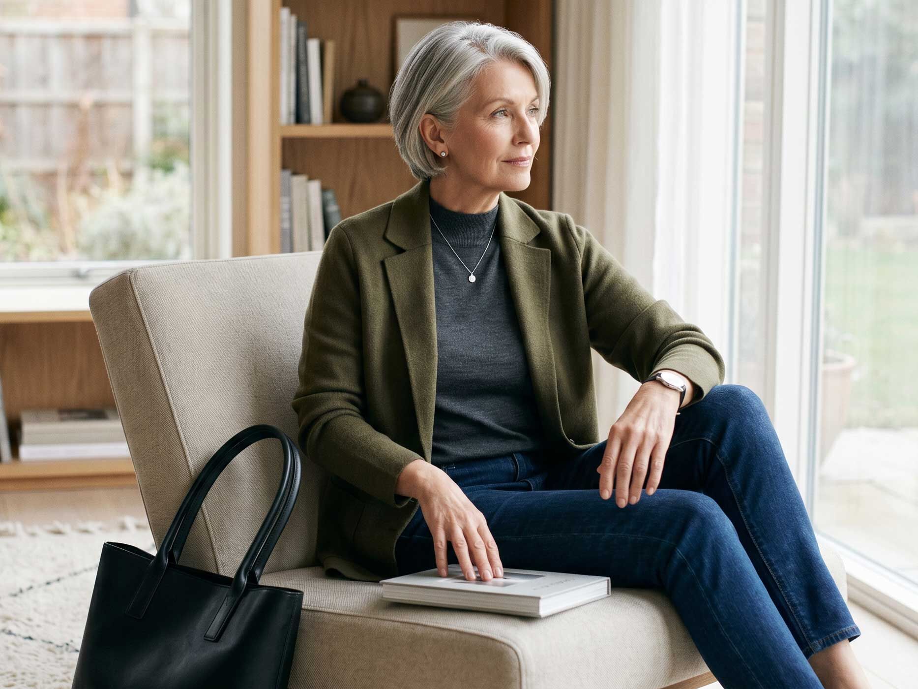 Eine Frau kombiniert eine dunkle Slim Fit Damenjeans mit schwarzem Blazer und schwarzen Stiefeletten.