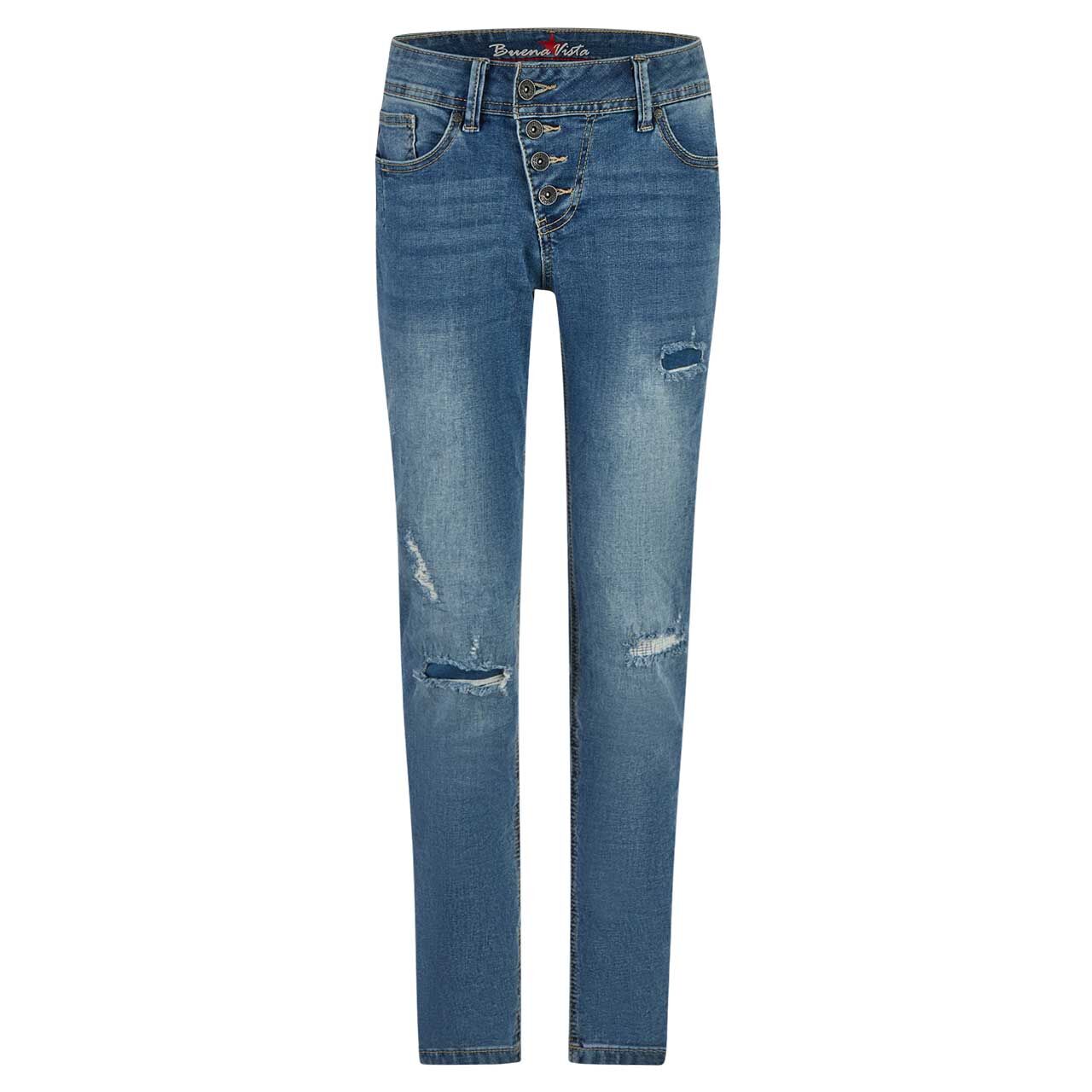 Damen Ankle Jeans Malibu Cropped Stretch Denim in Blau angewaschen mit Destroyed-Effekten, Vorderansicht