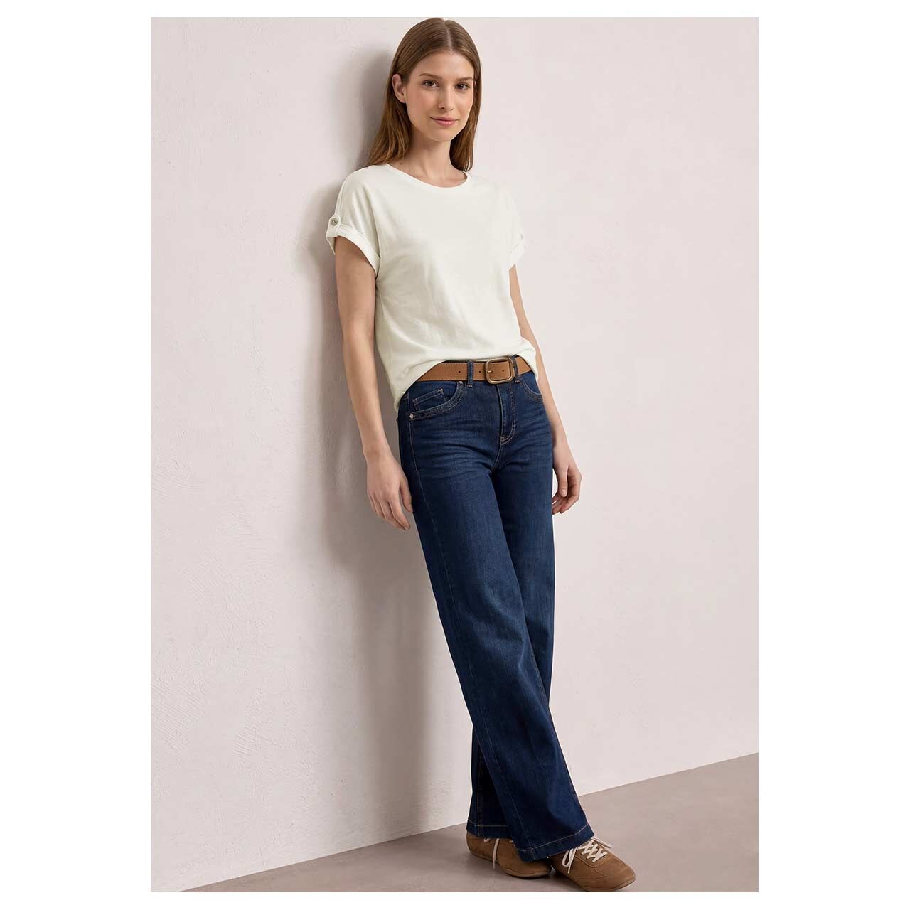 Damen T-Shirt Basic Deco Buttons von Street One in Cremeweiß meliert, Ganzkörperansicht Model vorne