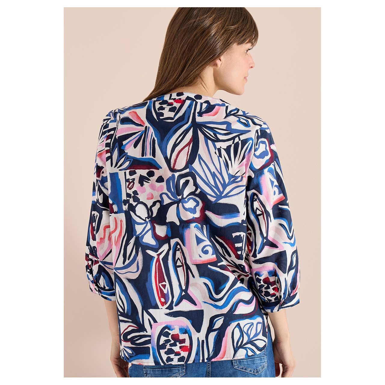 Damen 3/4 Arm Bluse Bluse Cotton Allover von Cecil in Blau mit Print, Vorderansicht am Model