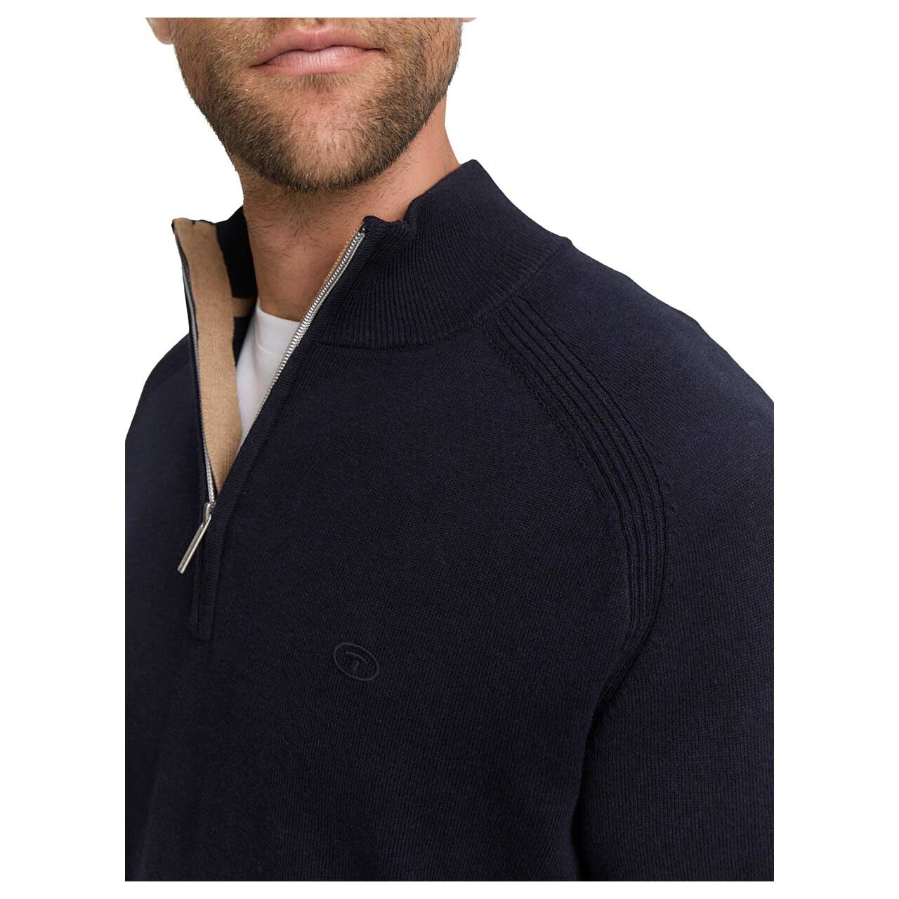Herren Pullover Troyer von Tom Tailor in Dunkelblau meliert, Detailansicht am Model