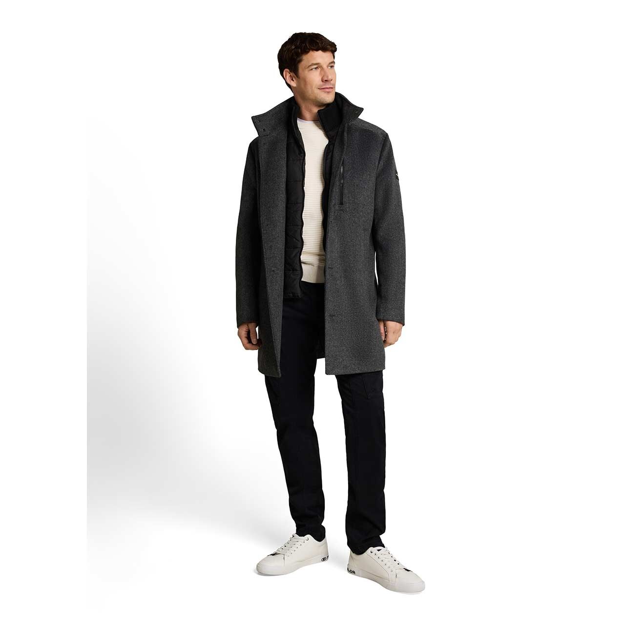Herren Mantel Wool Coat 2 in 1 von Tom Tailor in Dunkelgrau mit Print, Ganzkörperansicht