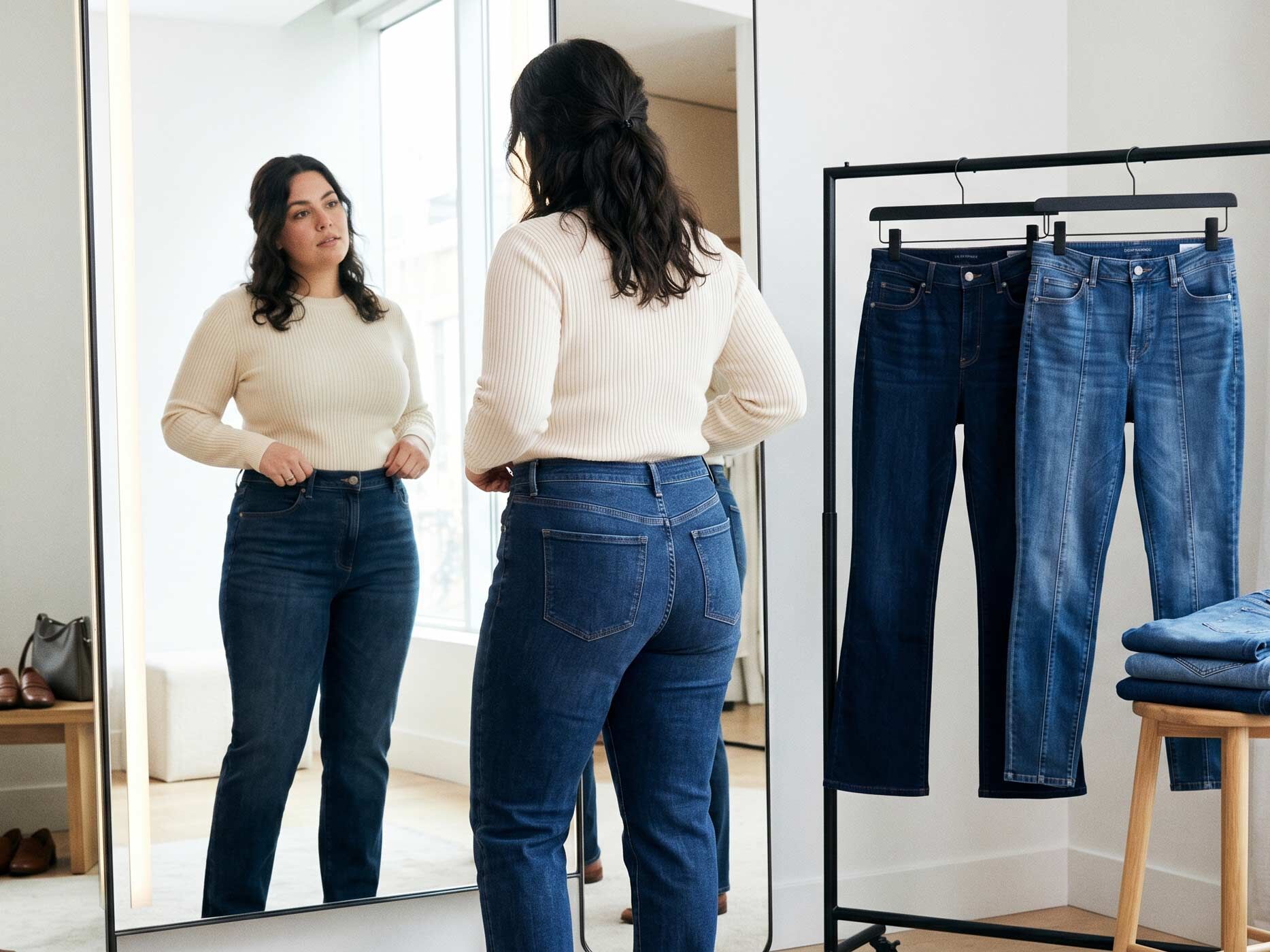 Eine Frau trägt einen beigen Pullunder über einer weißen Bluse und kombiniert ihn mit einer dunklen Damenjeans.