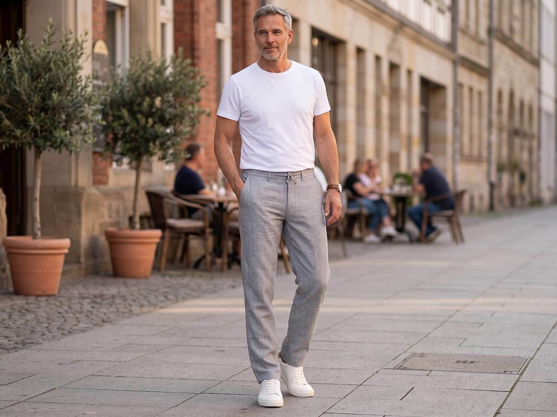 Ein Mann trägt eine graue Hose mit weißem T-Shirt und weißen Sneakern