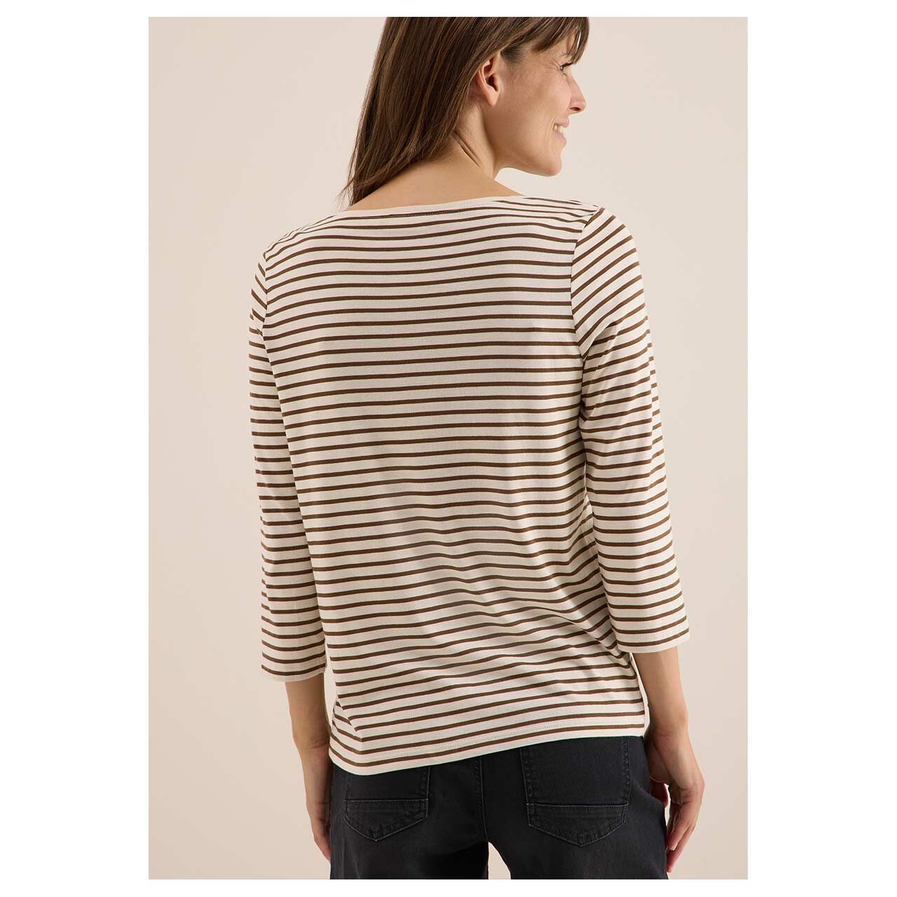 Damen 3/4 Arm Shirt Basic Stripe Boatneck von Cecil in Hellbeige gestreift, Rückansicht am Model
