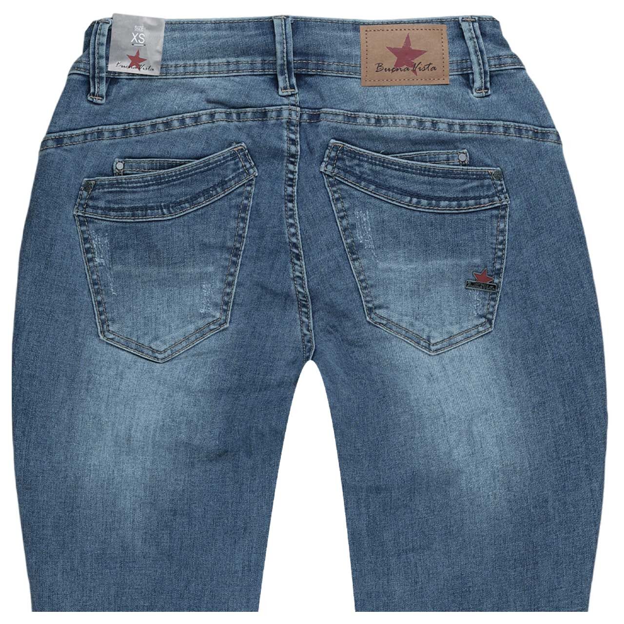 Damen Ankle Jeans Malibu Cropped Stretch Denim in Blau angewaschen mit Destroyed-Effekten, detaillierte Rückansicht