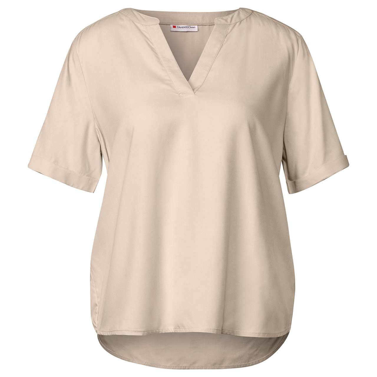 Street One Damen Kurzarm Bluse Splitneck cotton beige