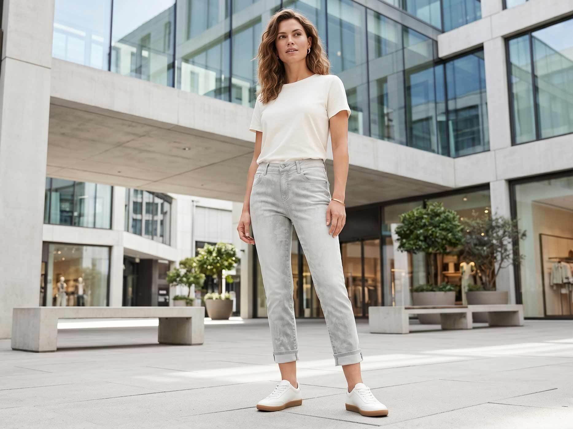 Eine Frau mit braunen Haaren steht vor einem modernen Geb&auml;ude. Sie tr&auml;gt eine graue Jeans mit einem wei&szlig;en T-Shirt und wei&szlig;en Sneakern.