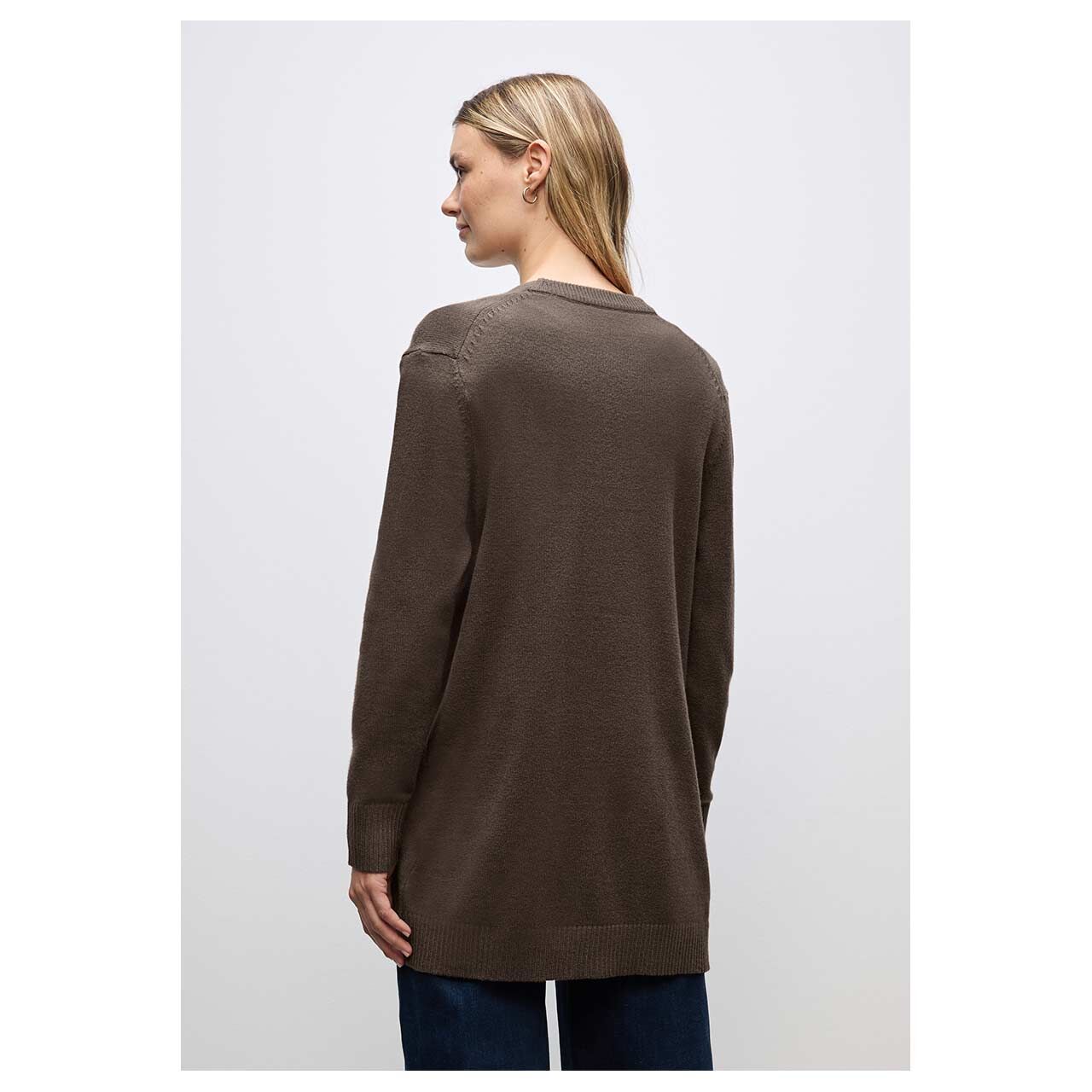 Damen Long Strickjacke Cosy Open Cardigan von Street One in Dunkelbraun meliert, Rückansicht am Model