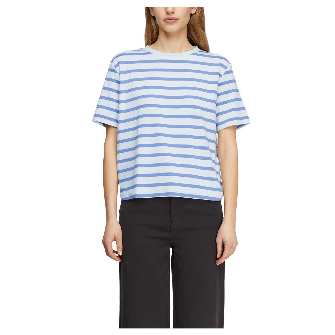 Damen T-Shirt von Comma in Blau gestreift, Vorderansicht Model