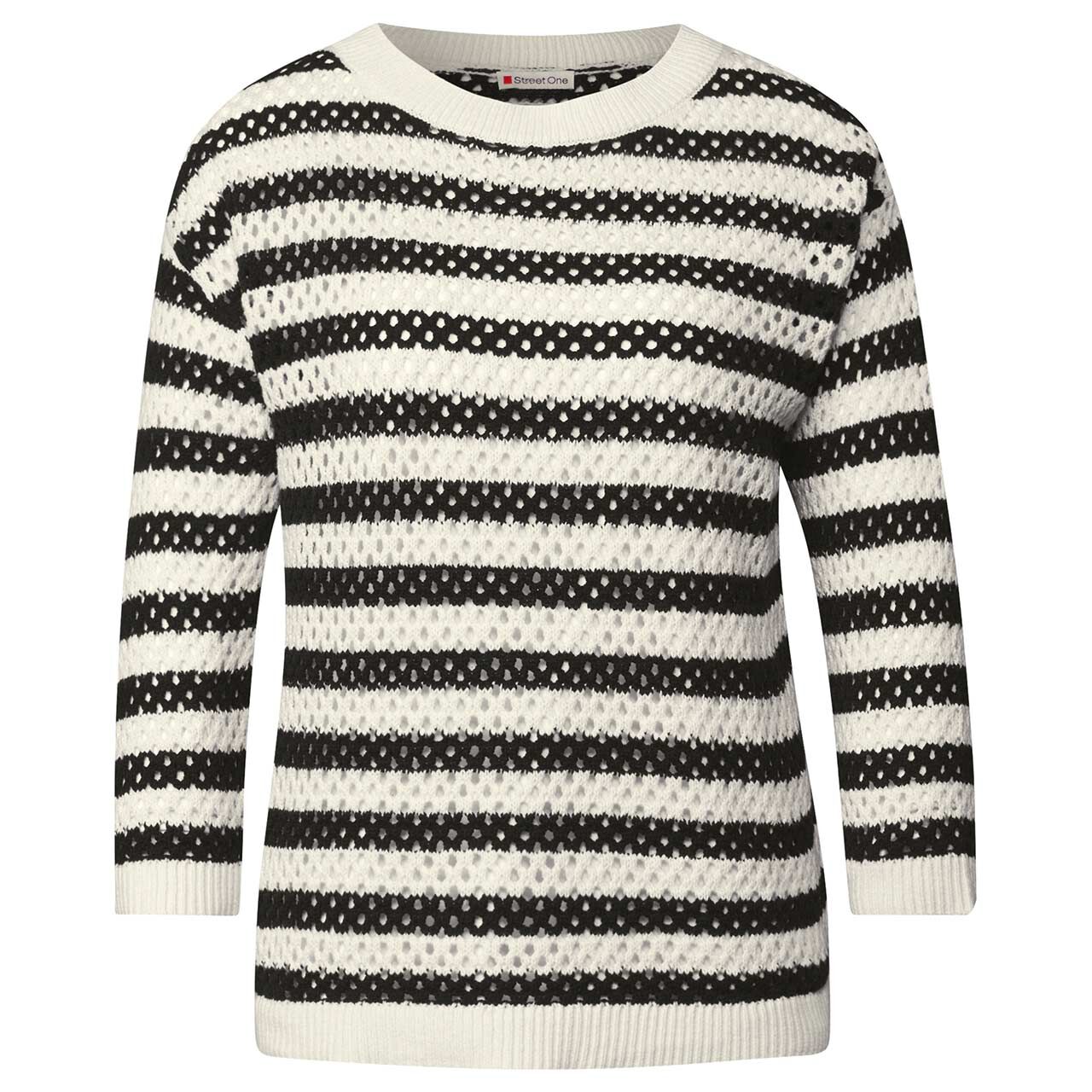 Street One Damen 3/4 Arm Pullover Cosy Striped Mesh Sweater black Street One Damen 3/4 Arm Pullover Cosy Striped Mesh Sweater black