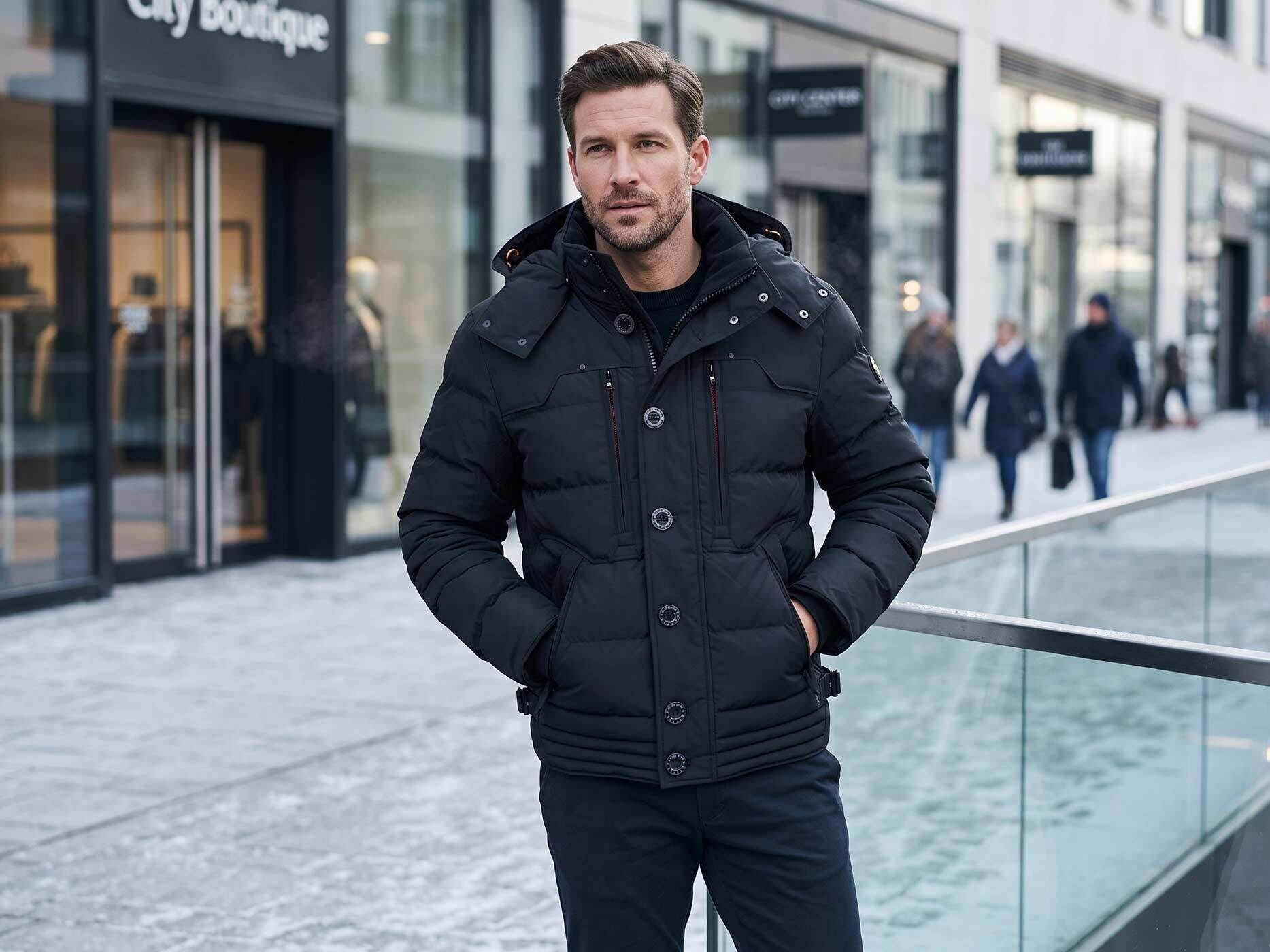 Ein Mann mit braunen kurzen Haaren tr&auml;gt eine schwarze Wellensteyn Jacke. Er hat die H&auml;nde in den seitlichen Jackentaschen und tr&auml;gt eine schwarze Hose.