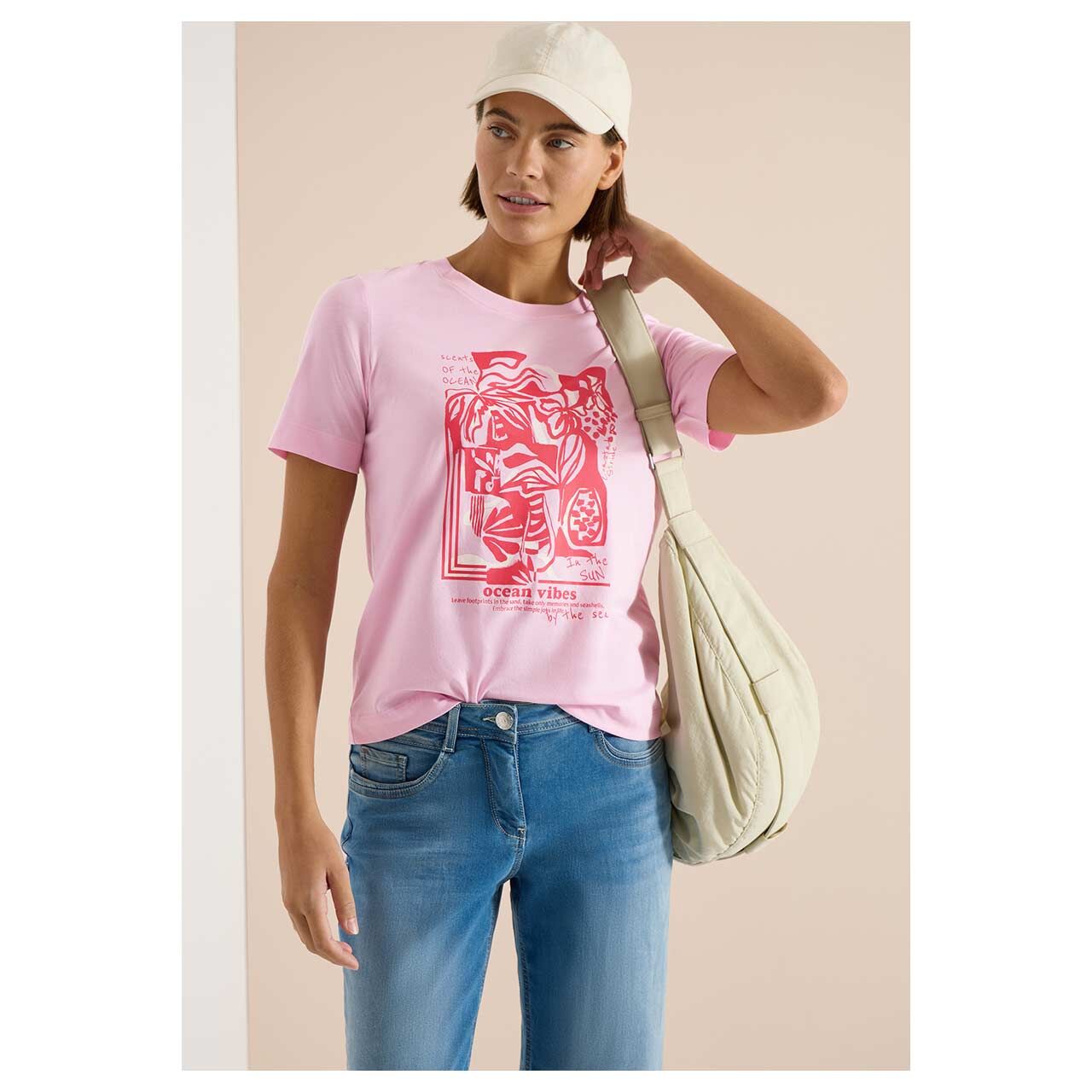 Damen T-Shirt Big Leaves von Cecil in Rosa mit Print, Vorderansicht am Model