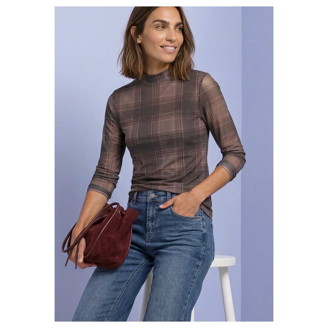 Damen Langarm Shirt Mesh Turtle von Street One in Beige mit Print, Vorderansicht am Model